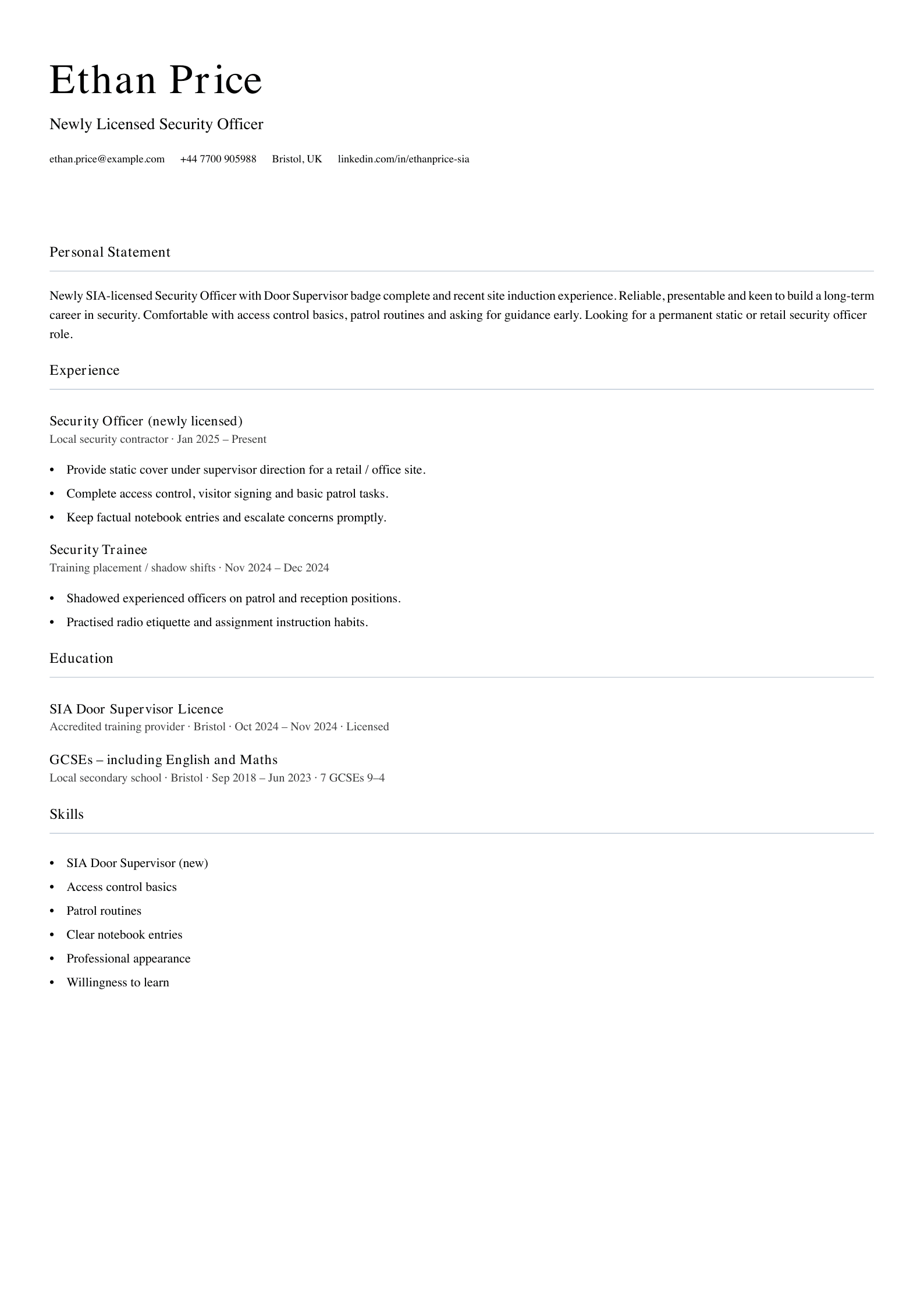 newly licensed security officer cv template