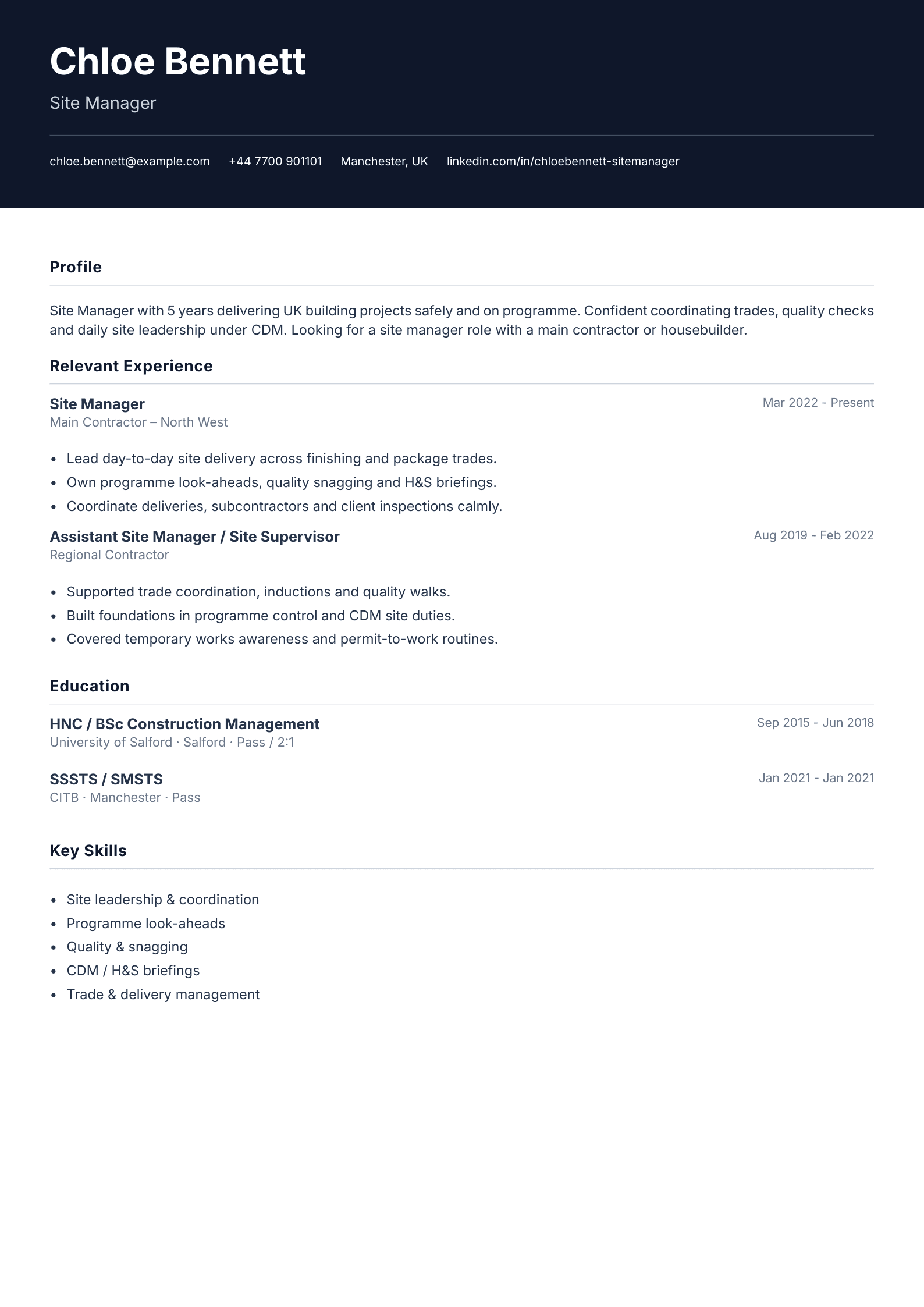 Site manager CV template