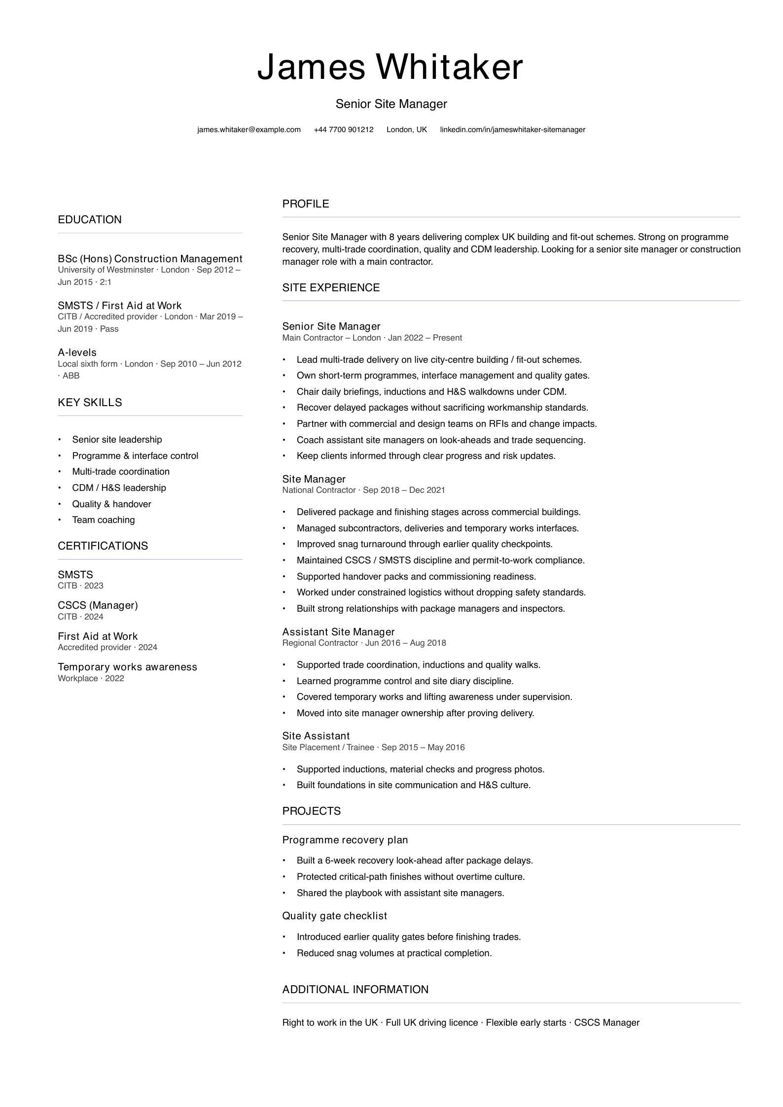 senior site manager CV template