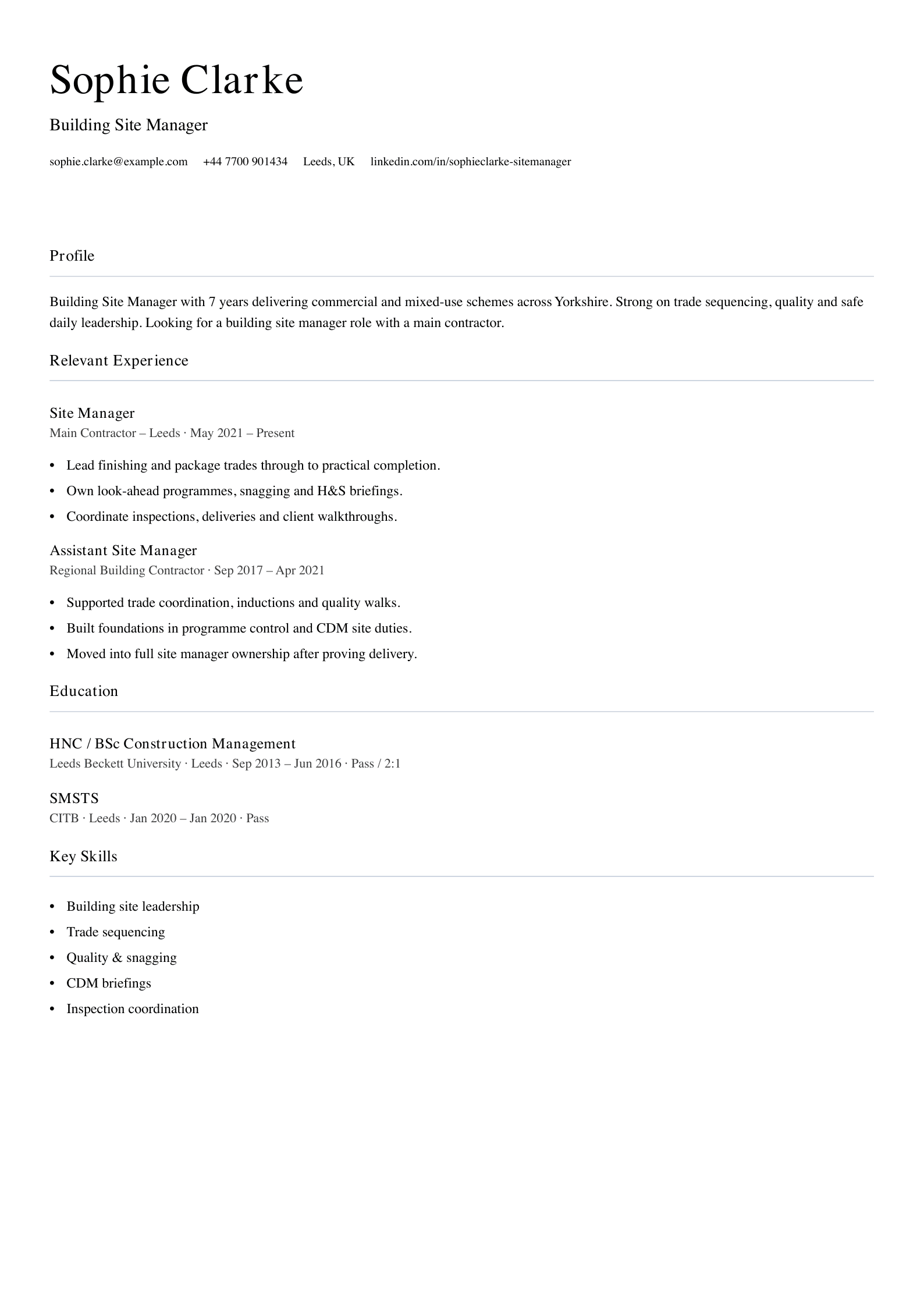 Building site manager CV template