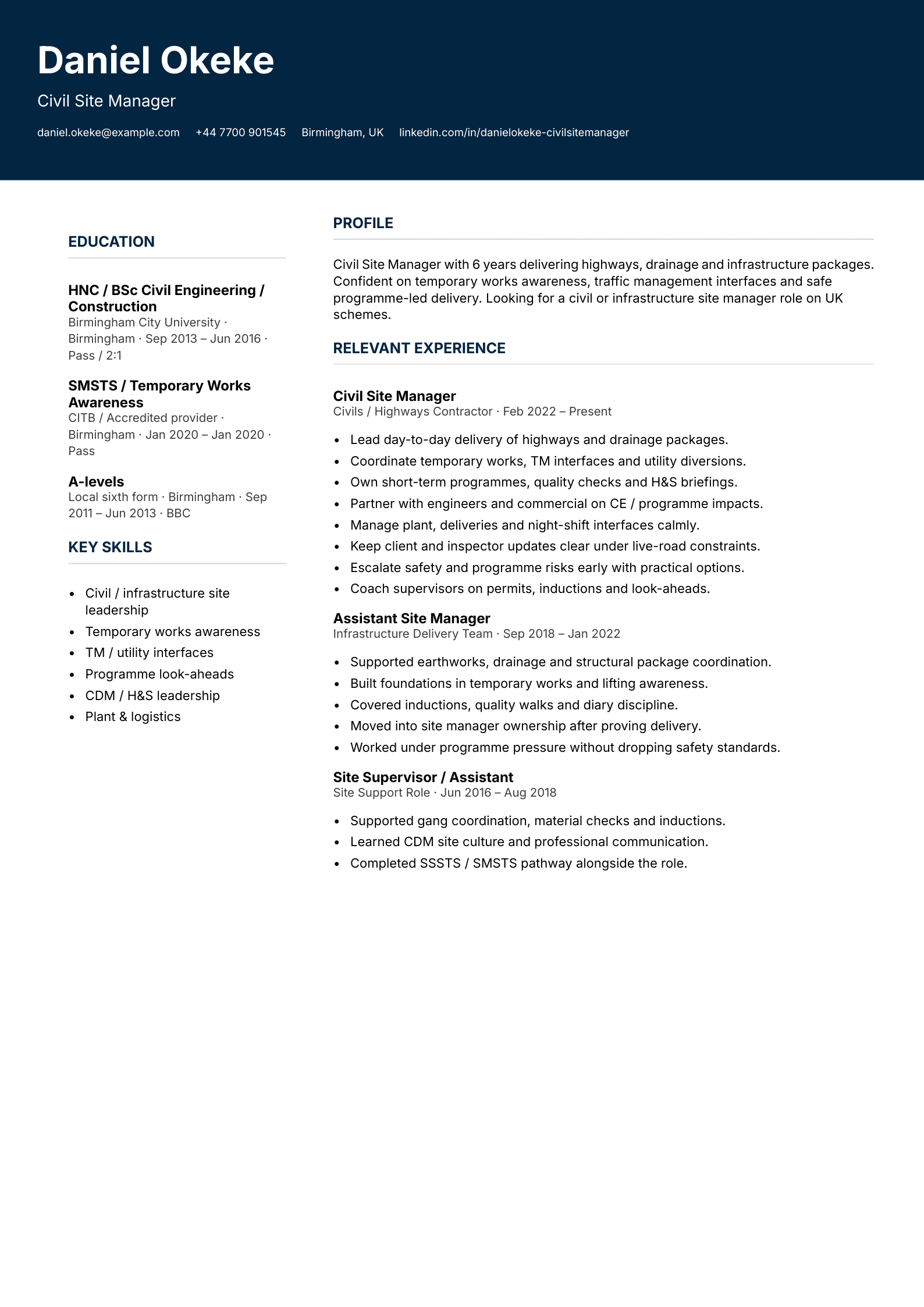 civil site manager CV template