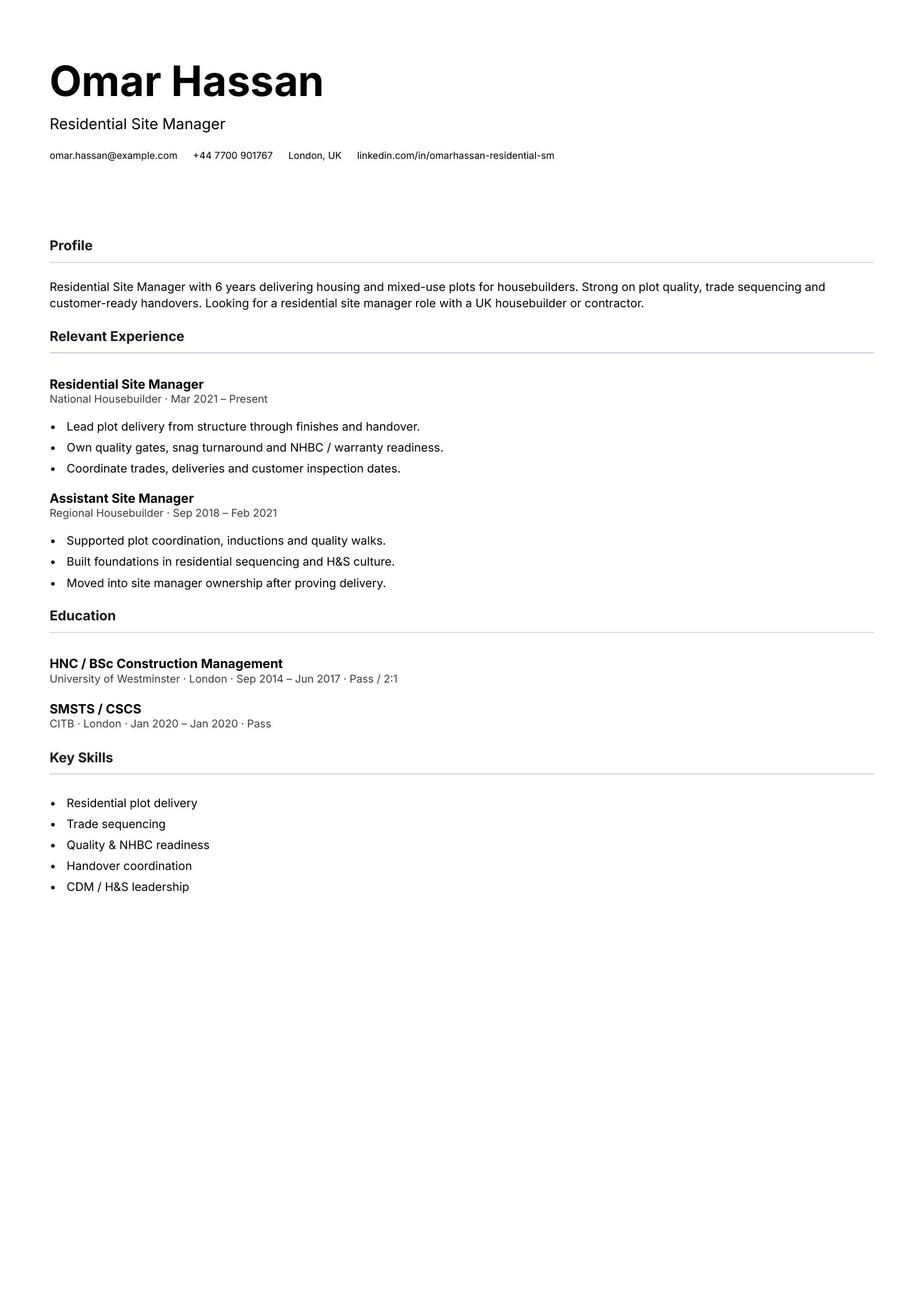 residential site manager CV template