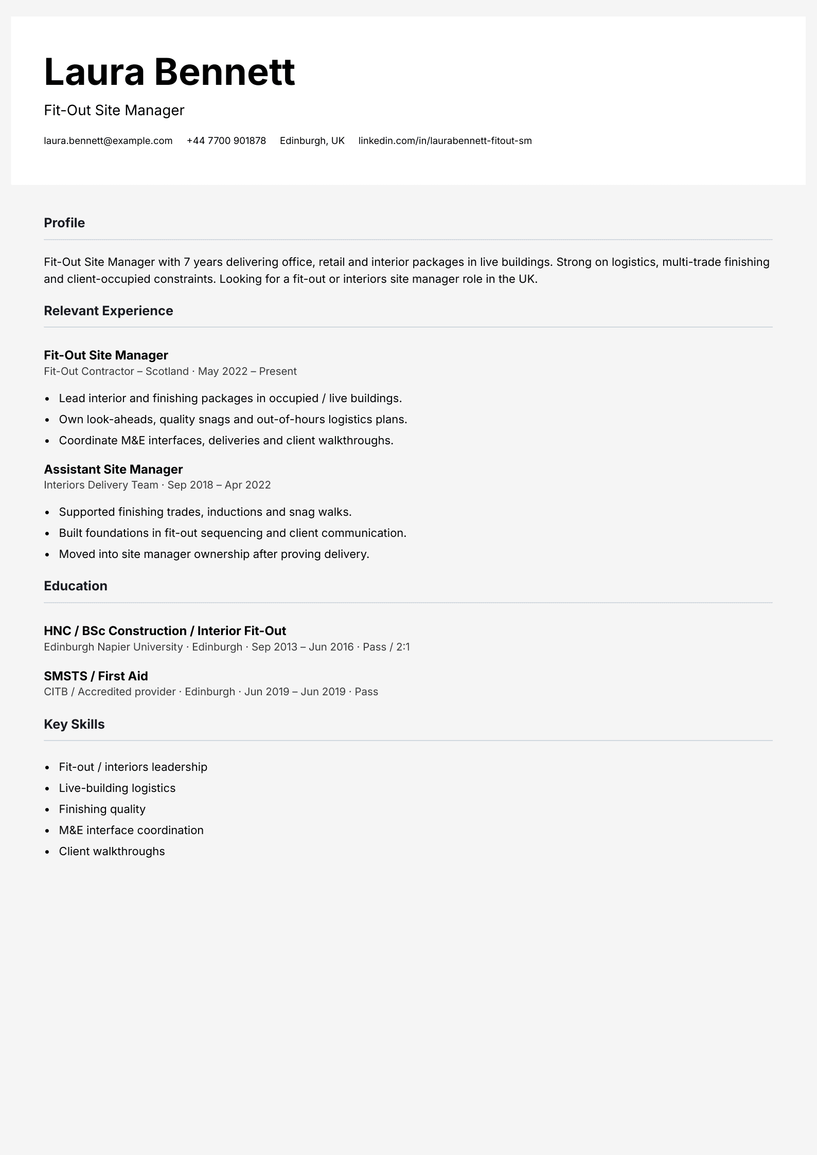 fit-out site manager CV template