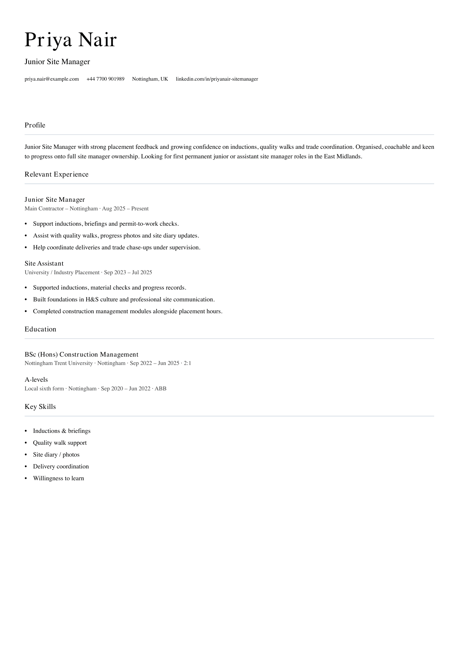 junior site manager CV template