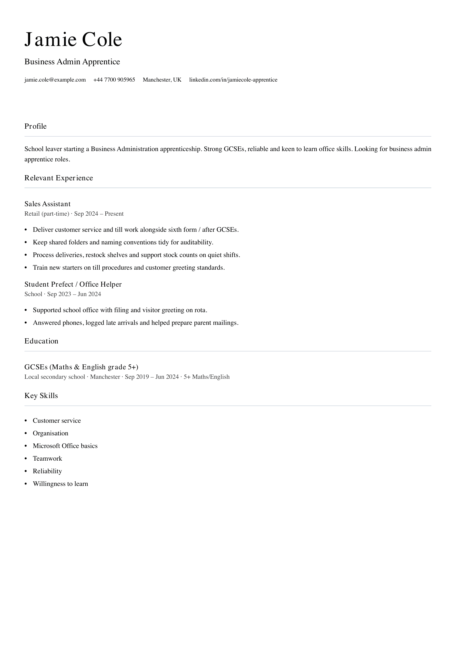 business admin apprentice cv template