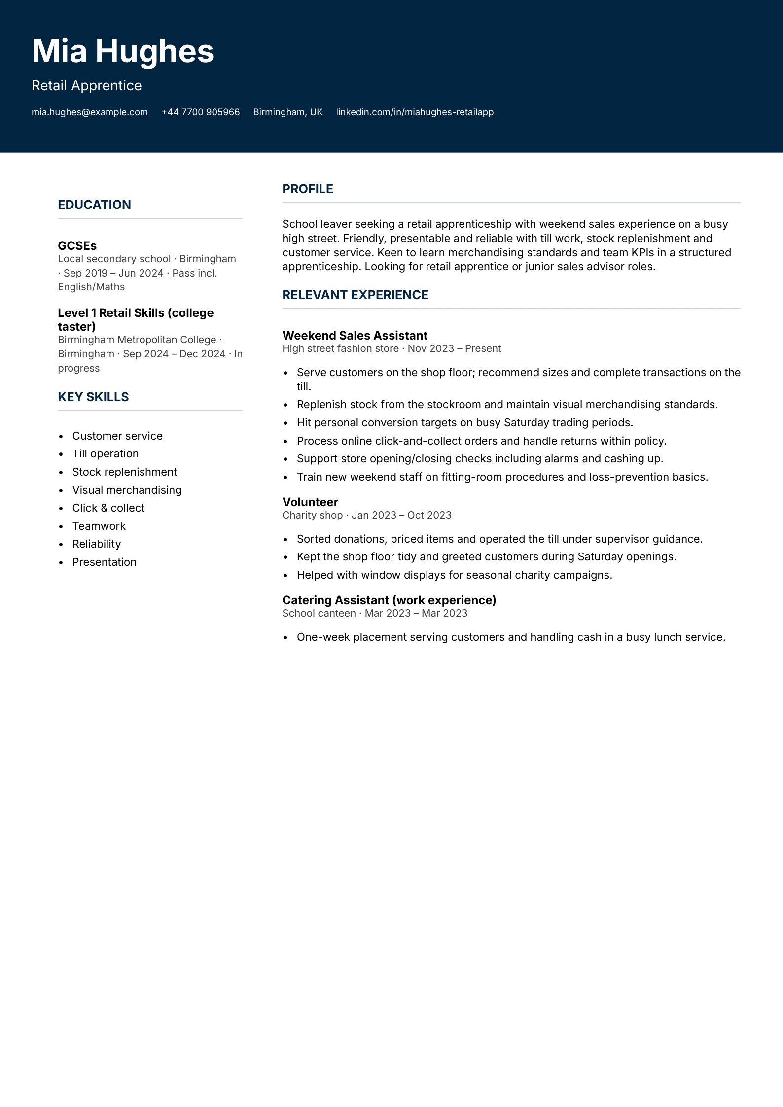 retail apprentice cv template