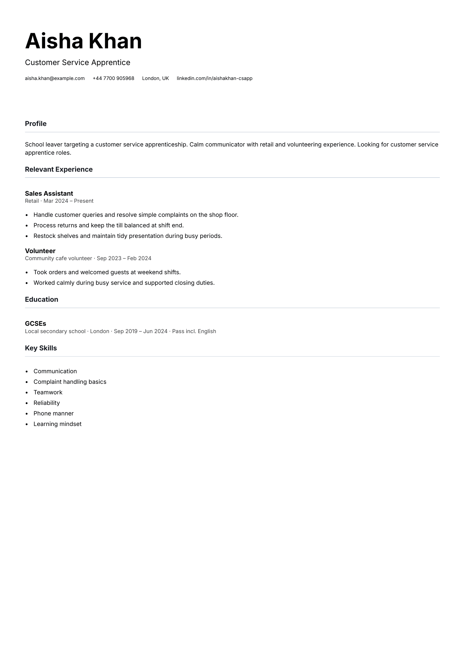 customer service apprentice cv template