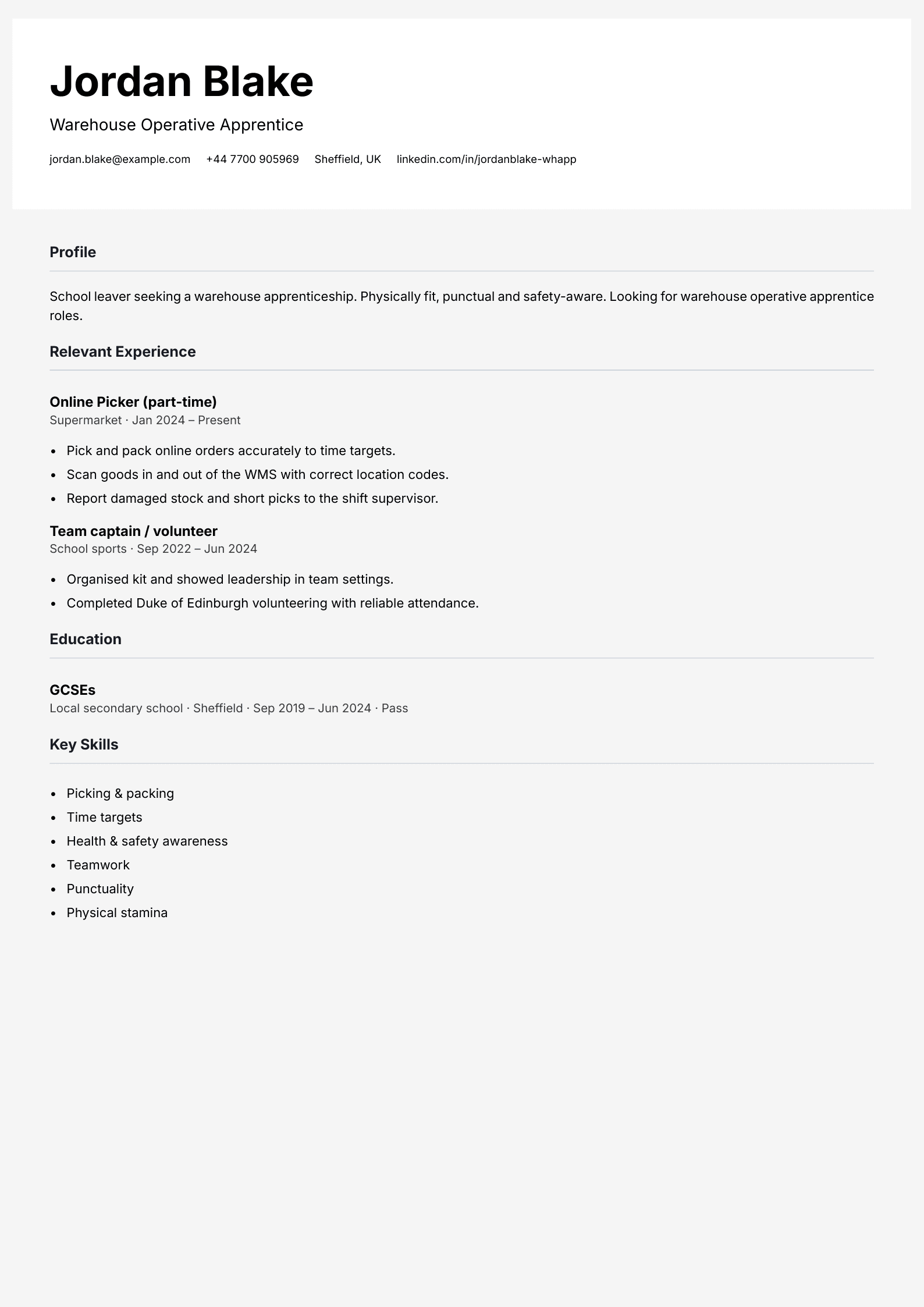 warehouse apprentice cv template