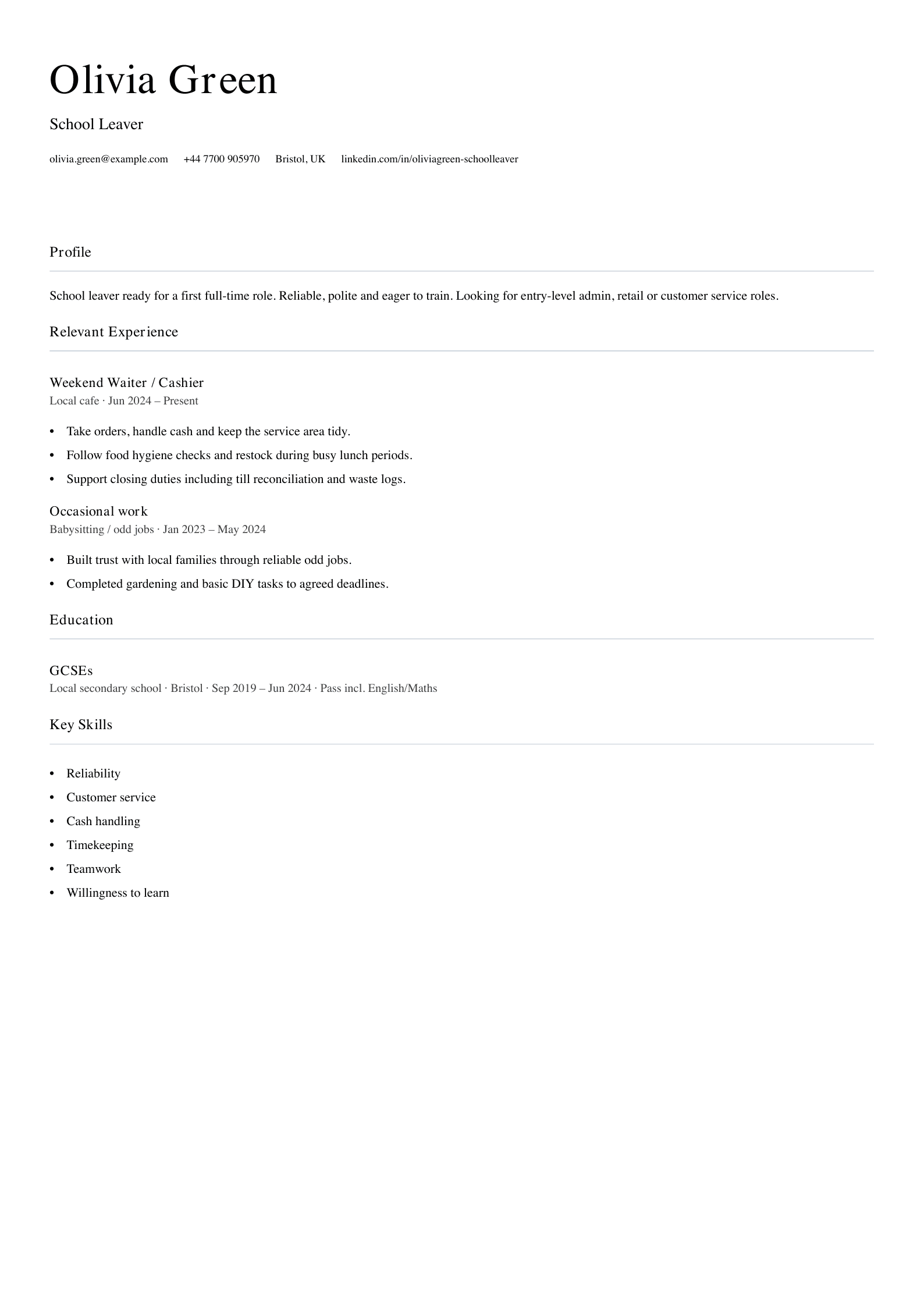 school leaver first job cv template