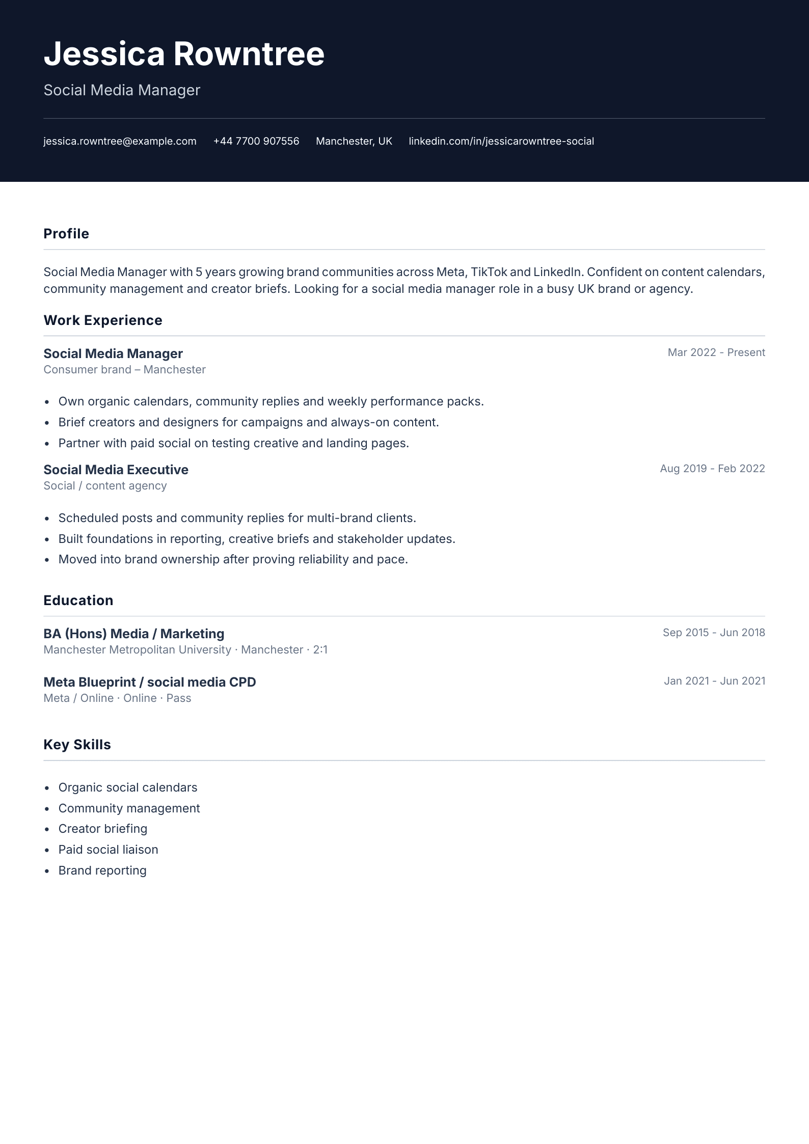 Social media manager CV template
