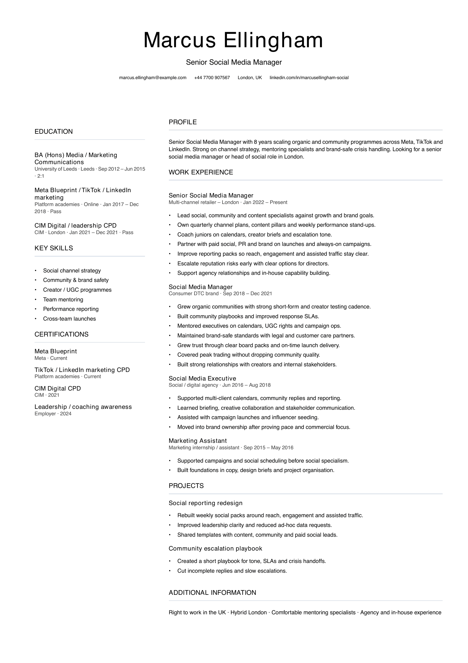 senior social media manager CV template