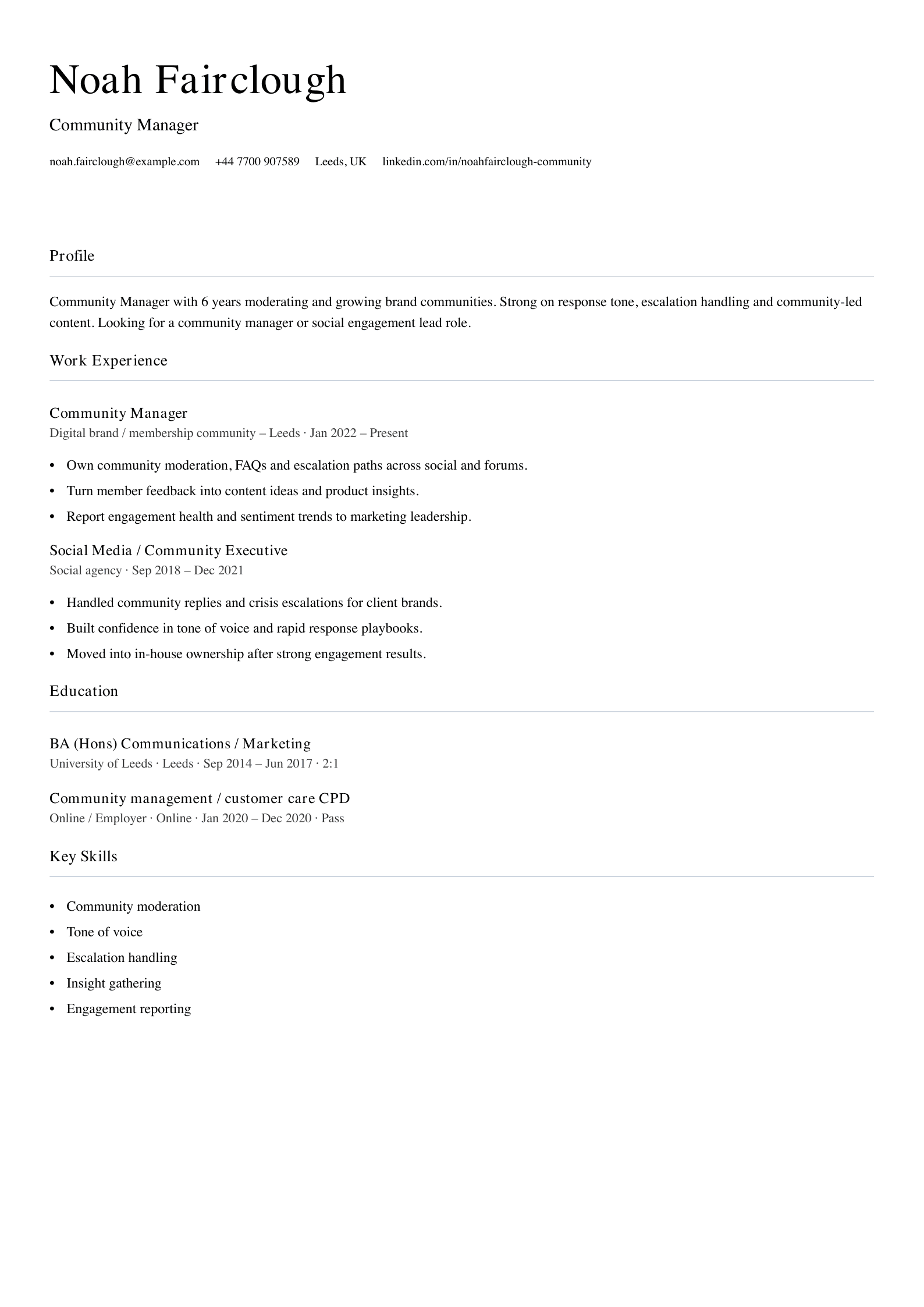 Community manager CV template