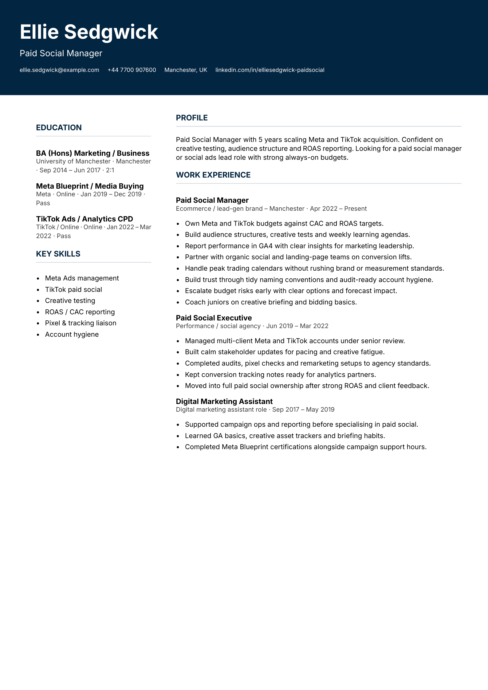 paid social manager CV template