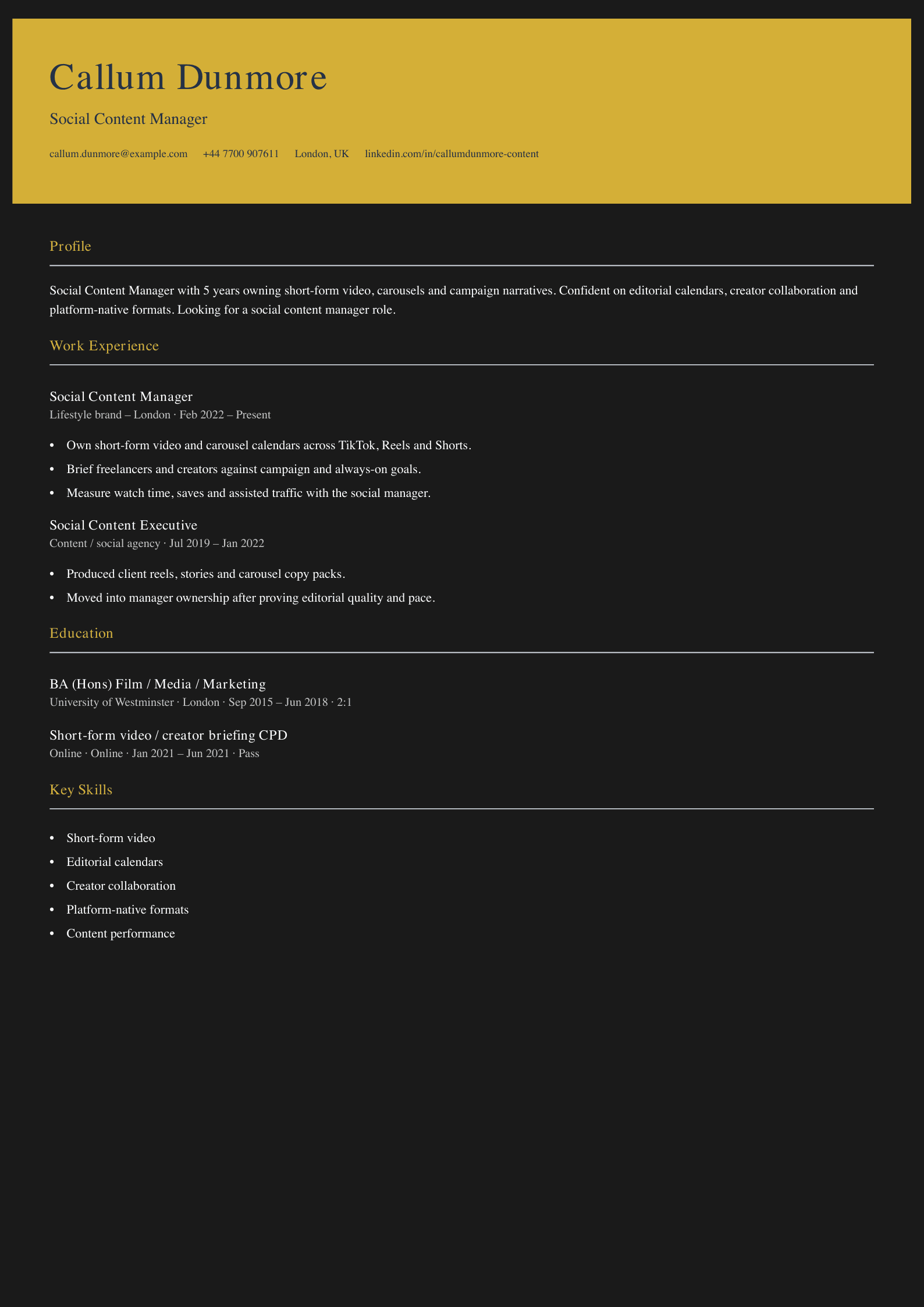 social content manager CV template