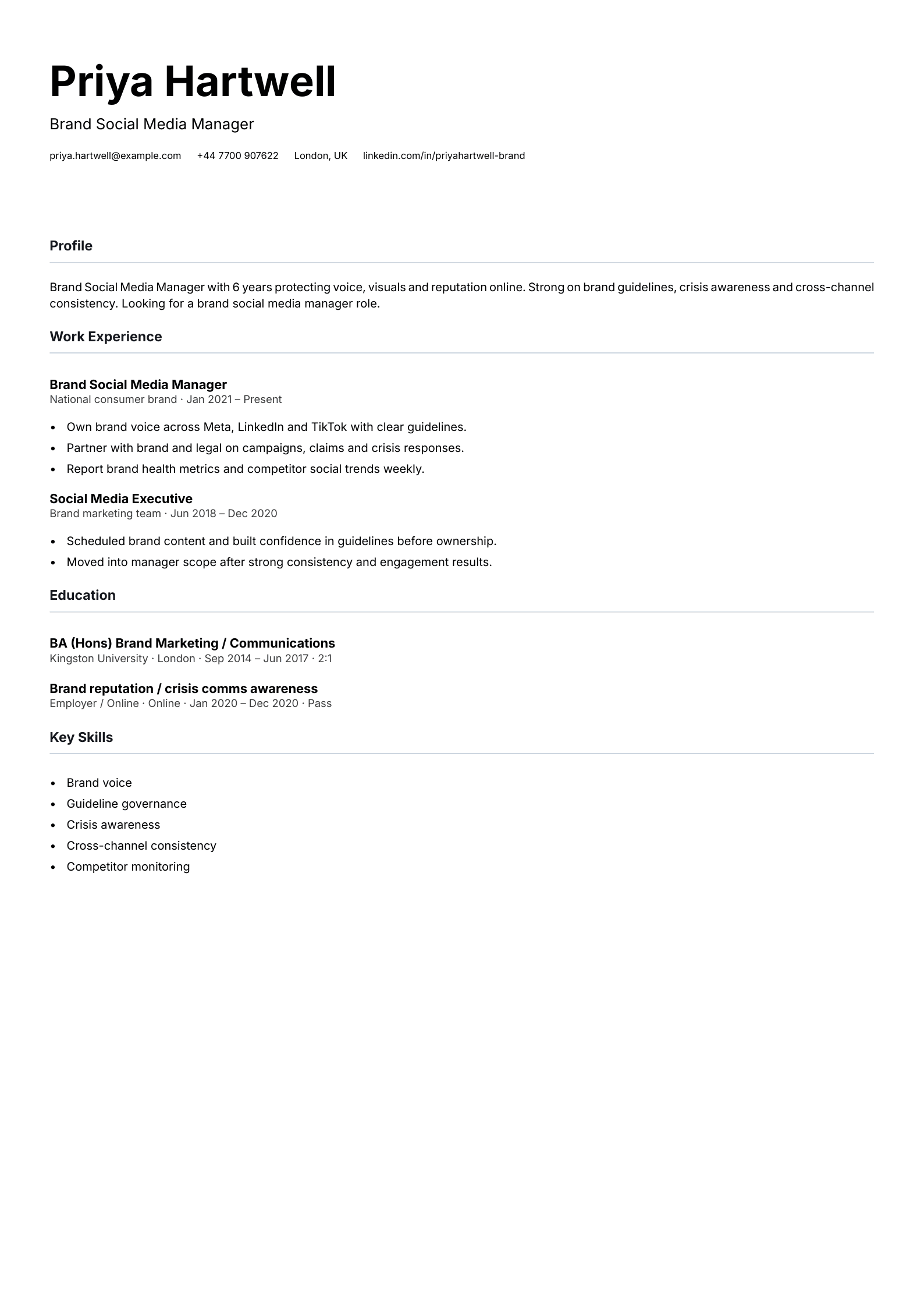 brand social media manager CV template
