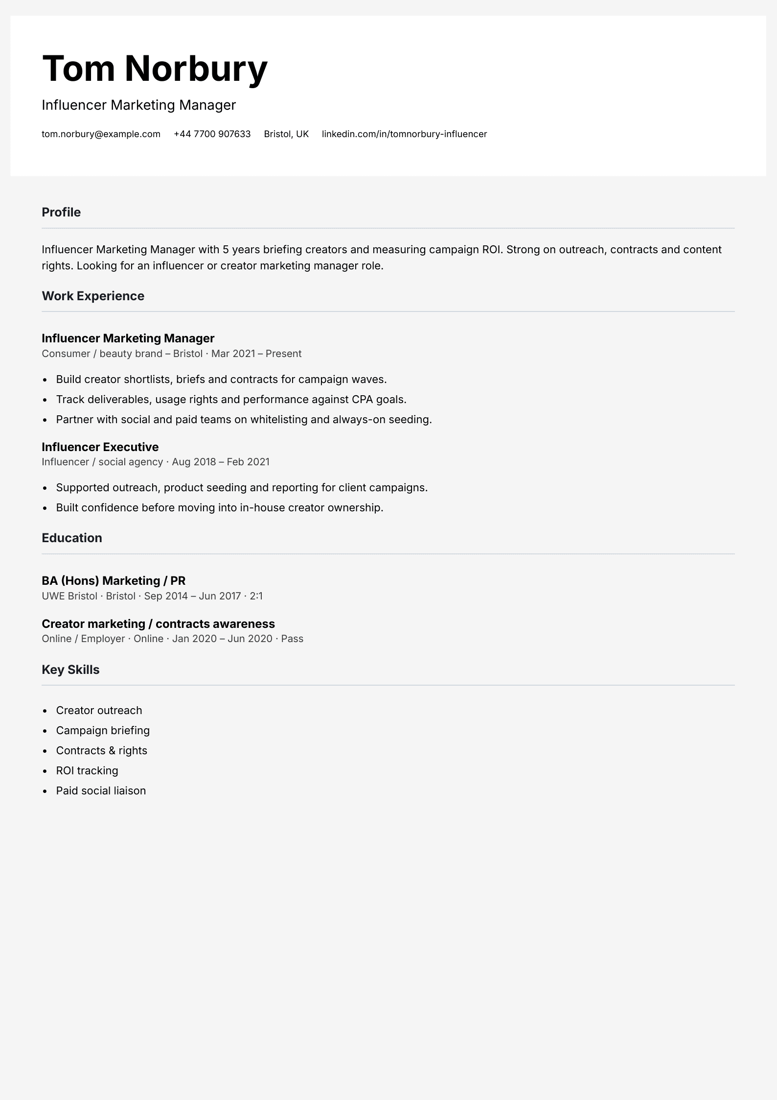 influencer marketing manager CV template