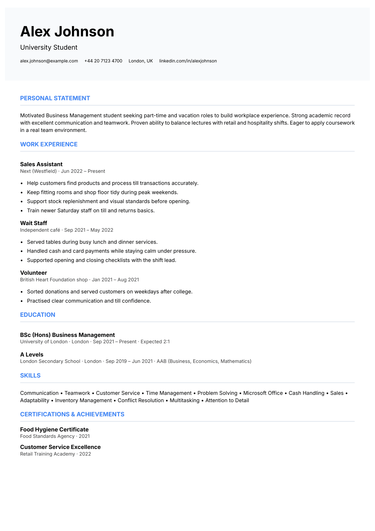 graduate starter student cv template