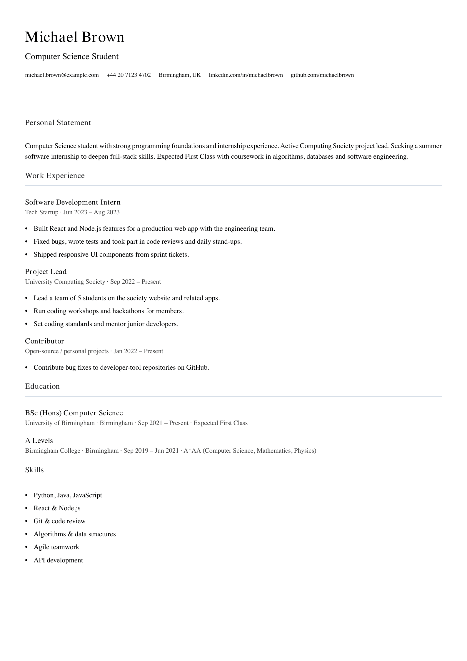academic focus student cv template