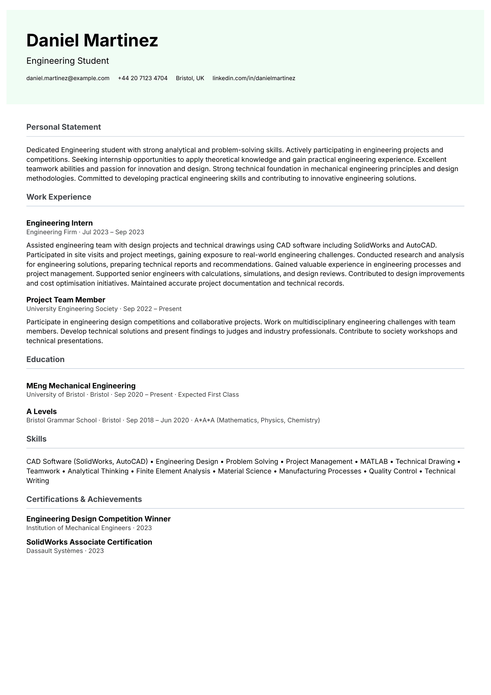 entry level student cv template
