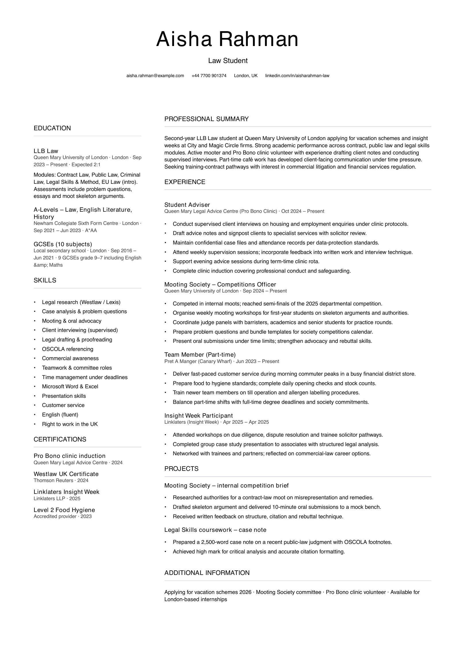 law student cv template