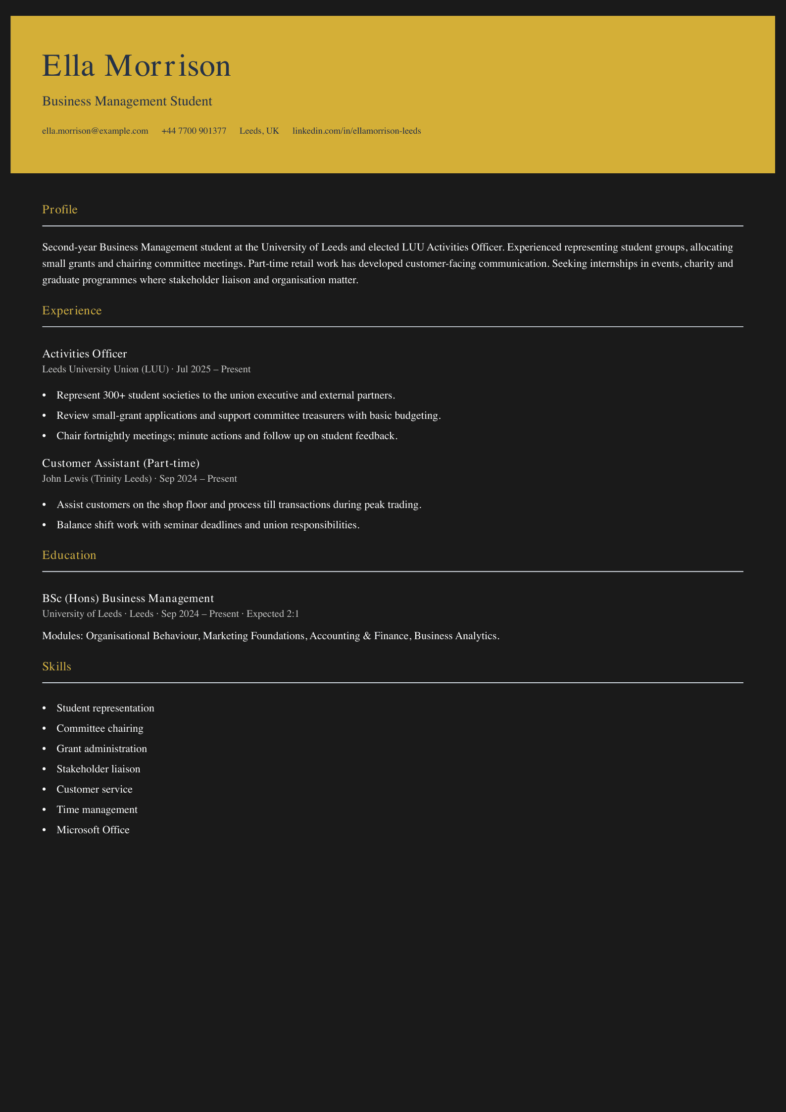 student union officer cv template