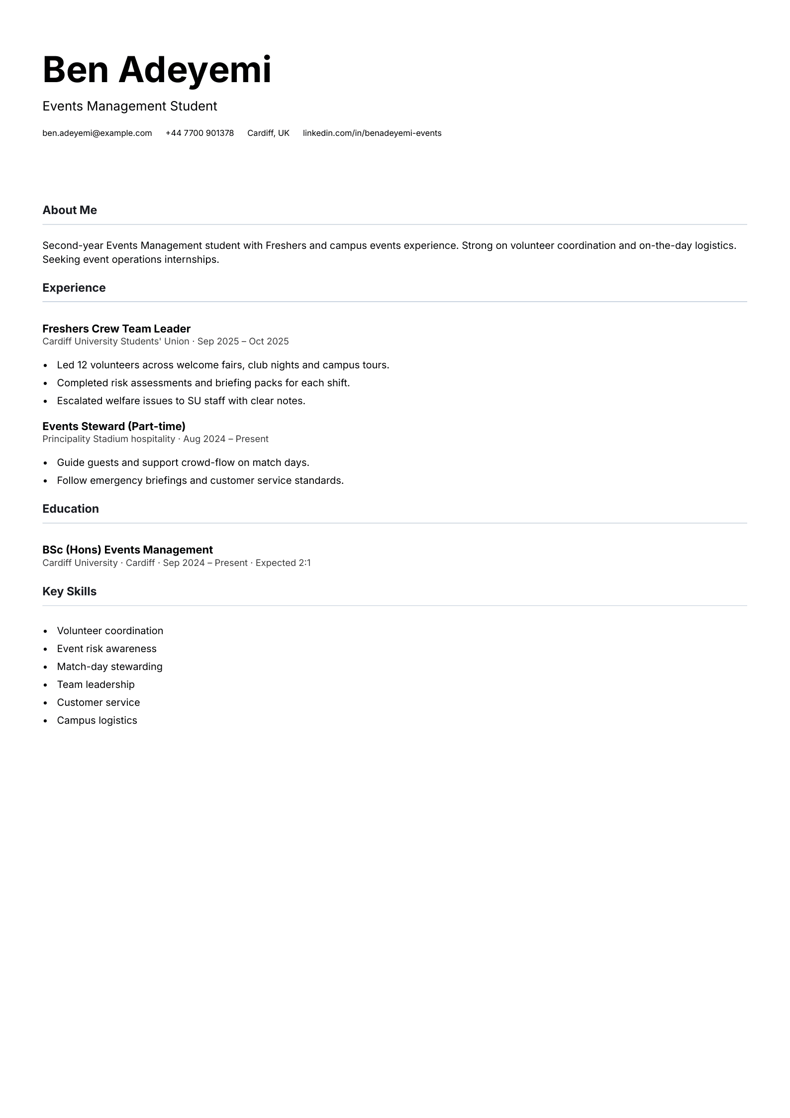 events student cv template