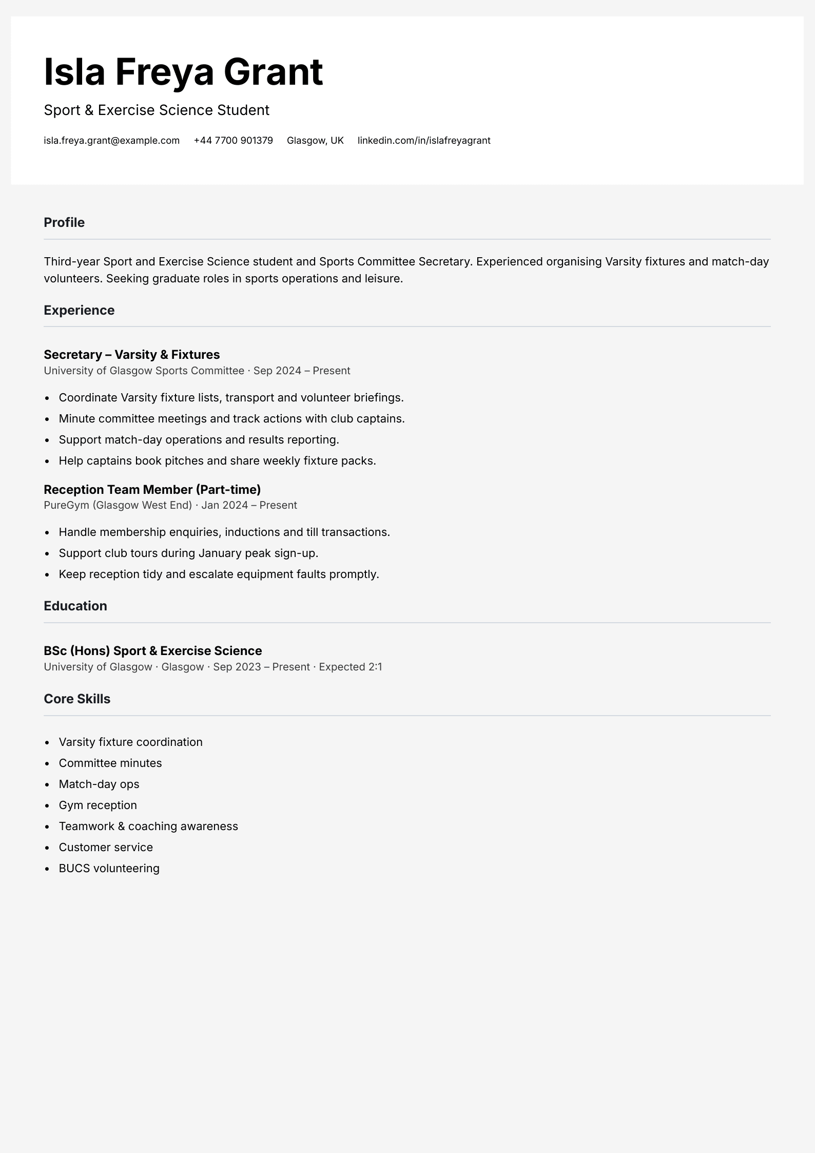 sports committee student cv template