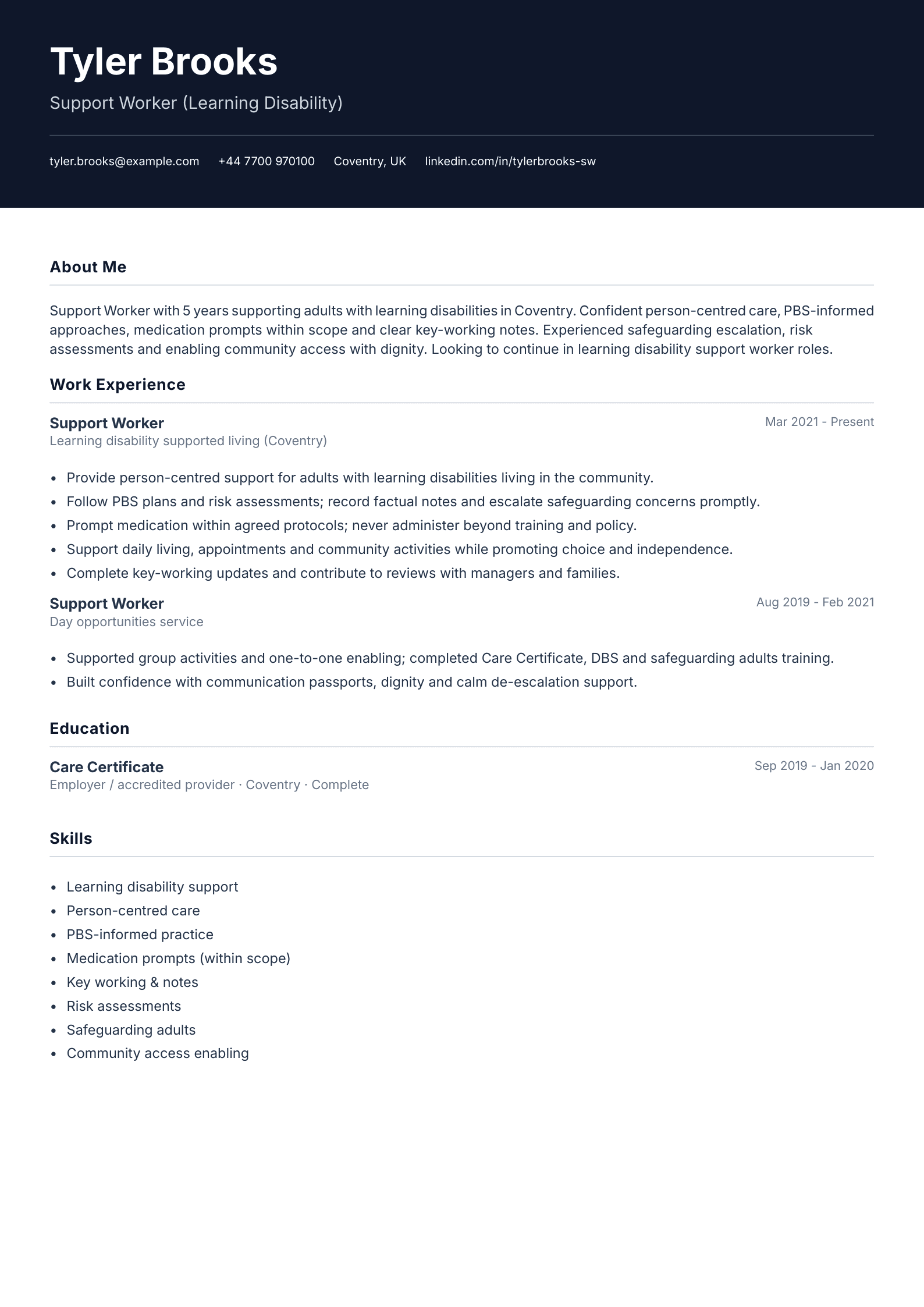 Learning disability support worker CV template