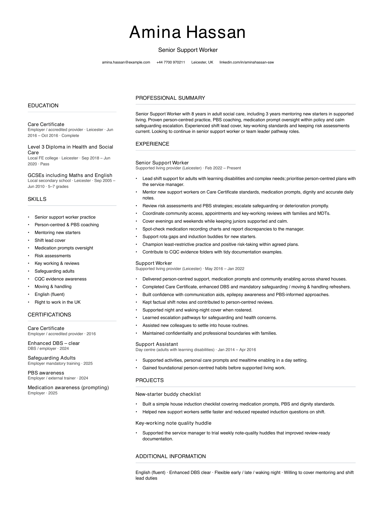 senior support worker cv template