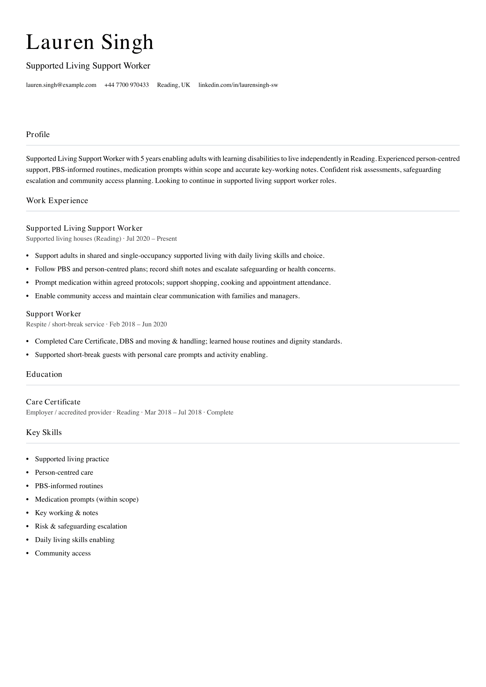 supported living support worker cv template