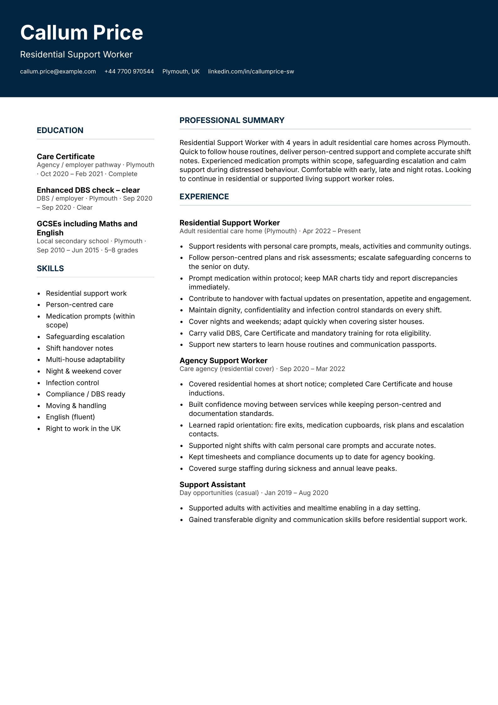 Residential support worker CV template