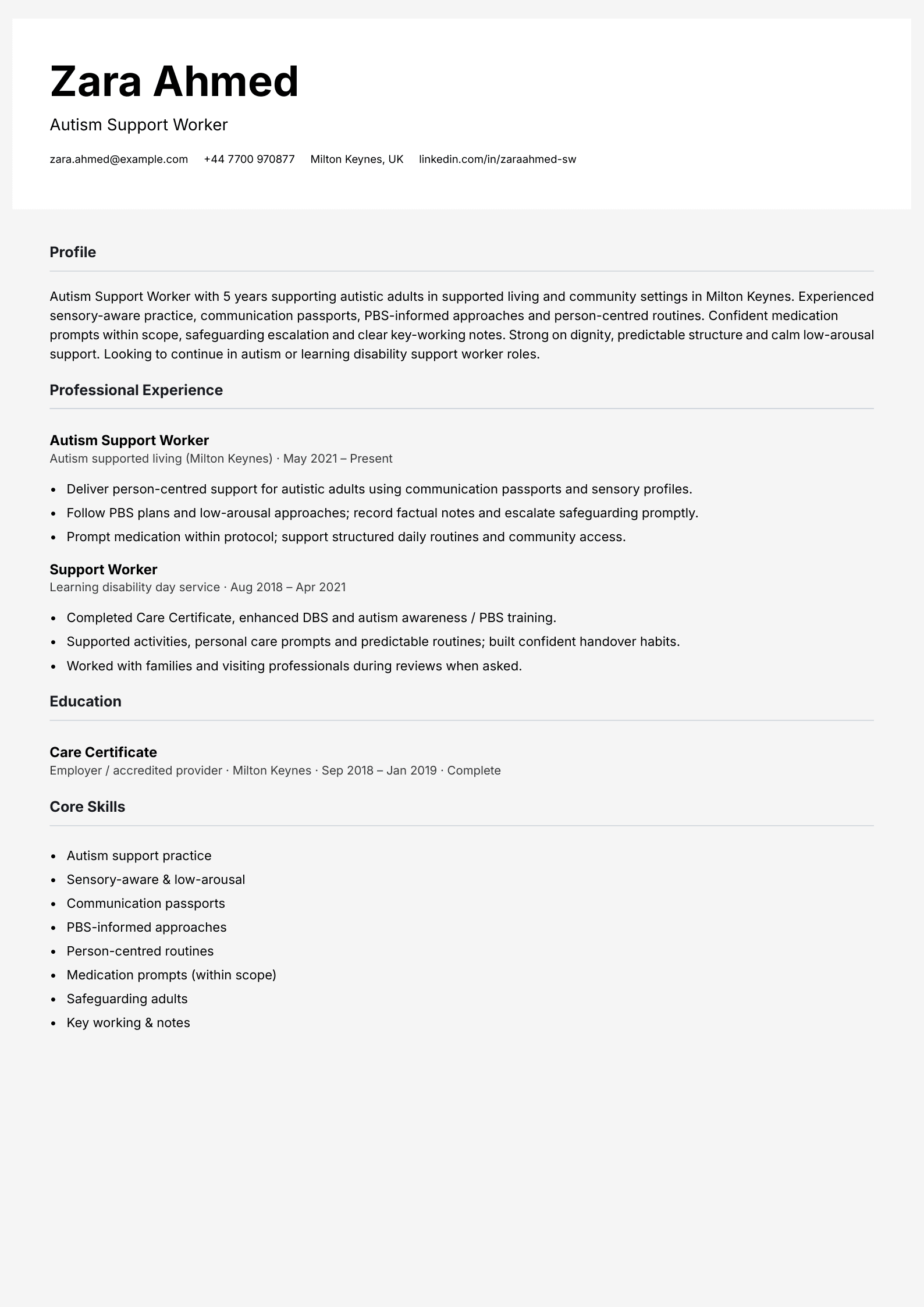 autism support worker cv template