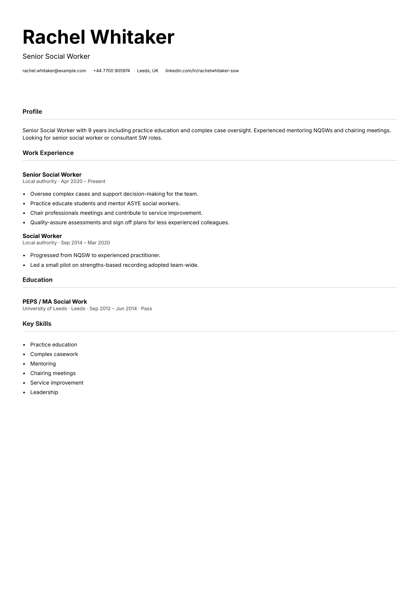 senior practitioner social worker cv template