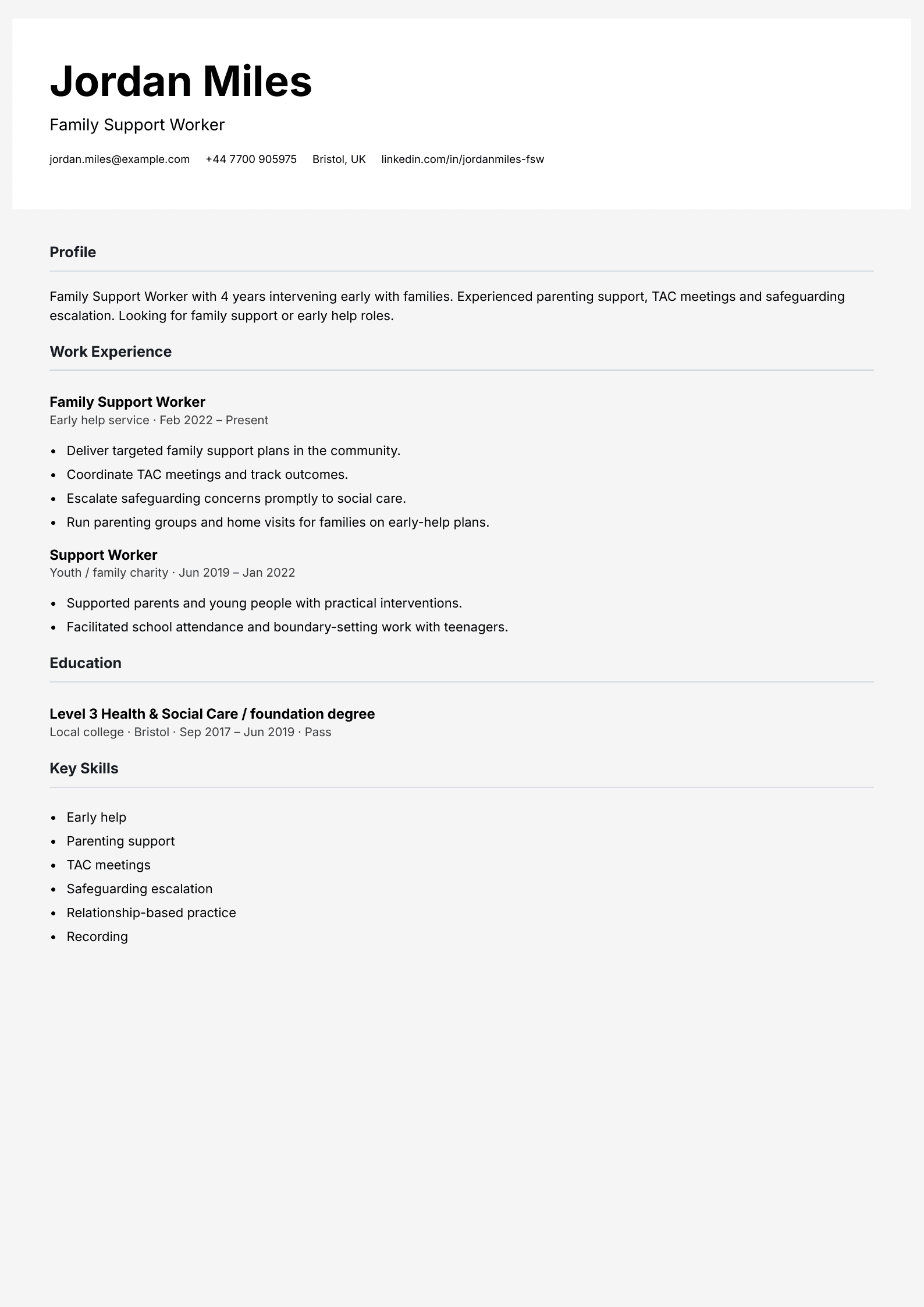 early help family support worker cv template