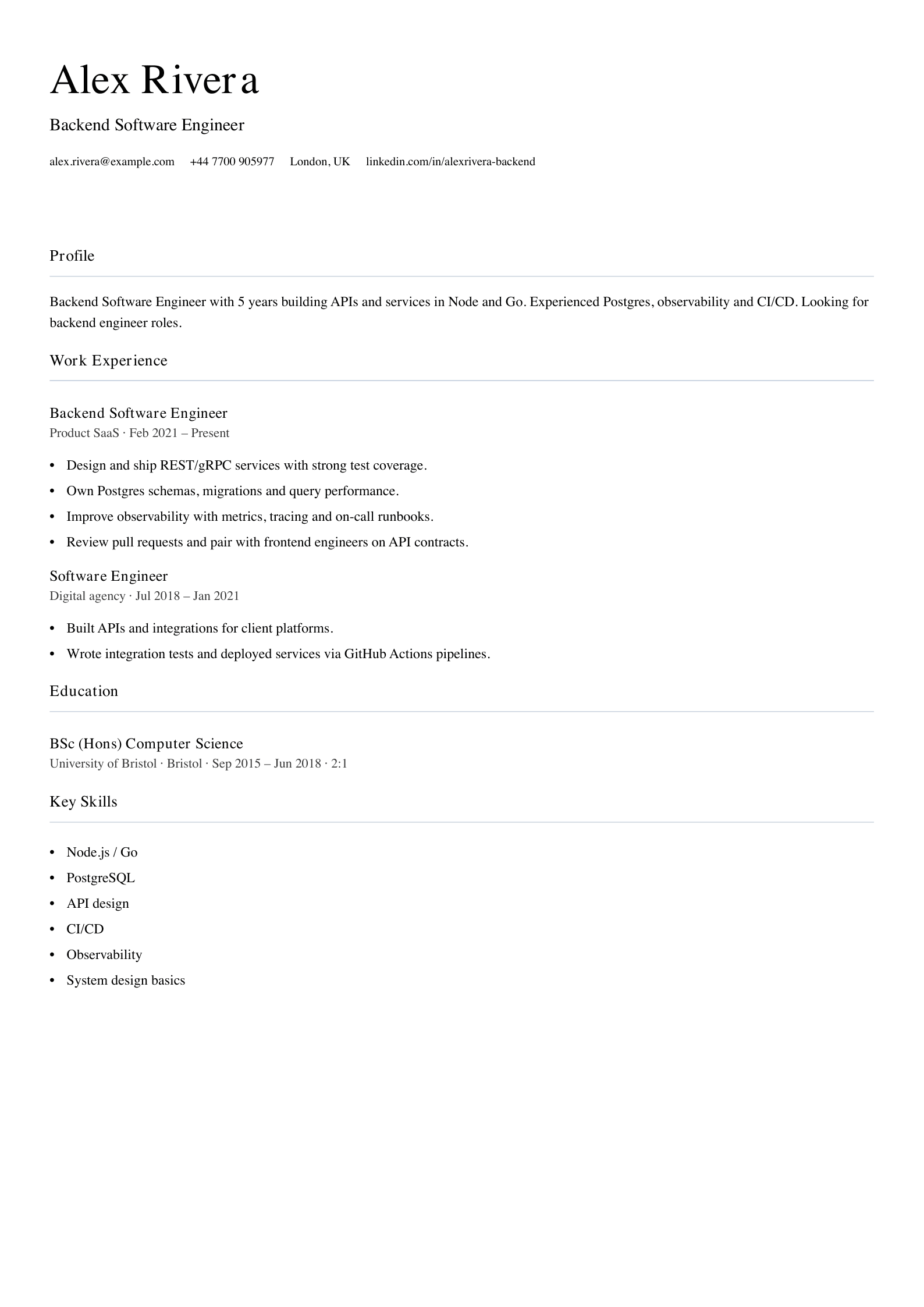 backend software engineer cv template