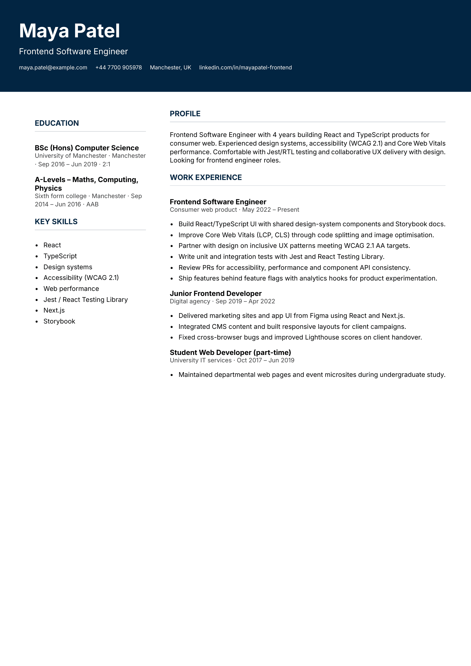 frontend software engineer cv template