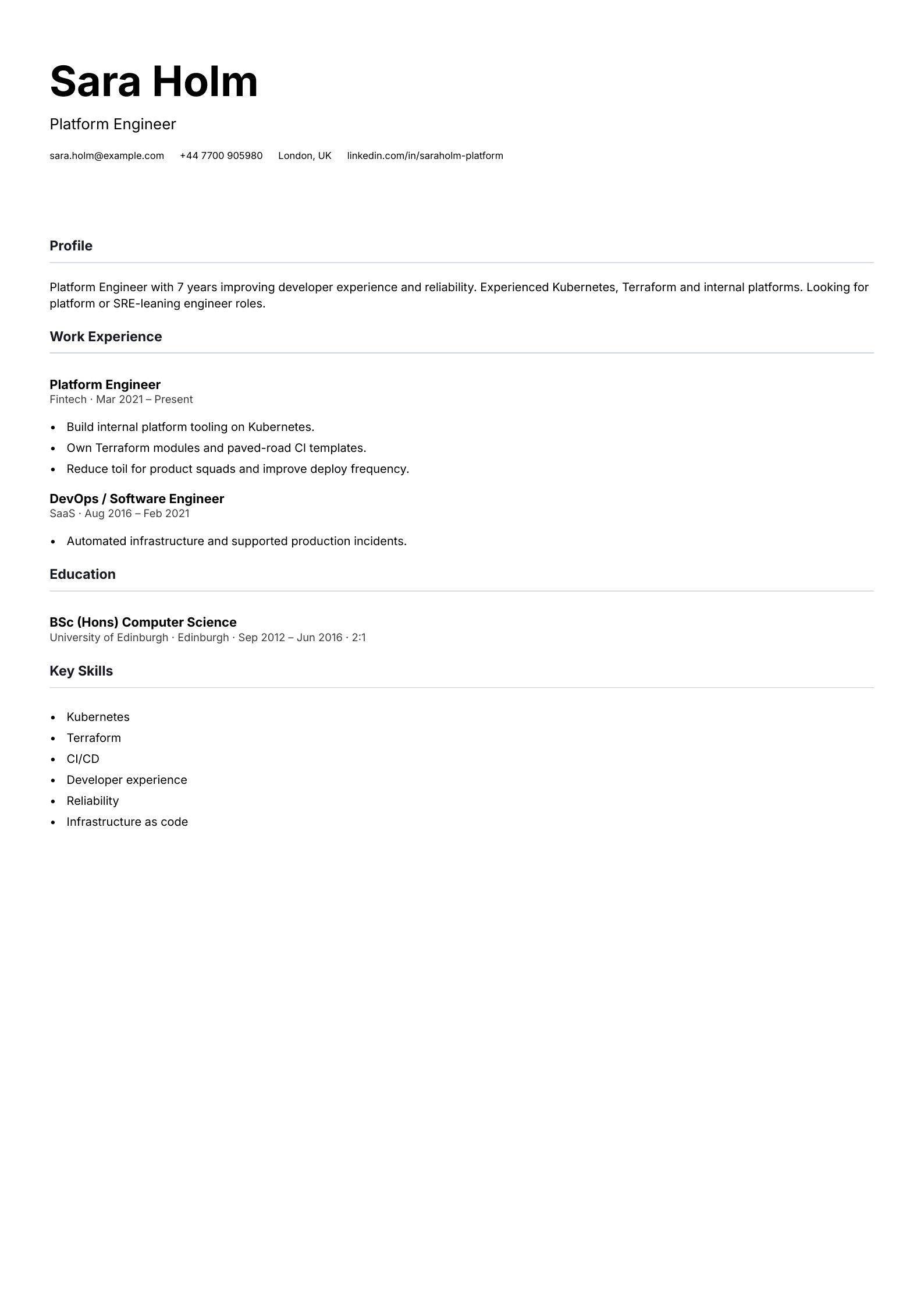 platform engineer cv template