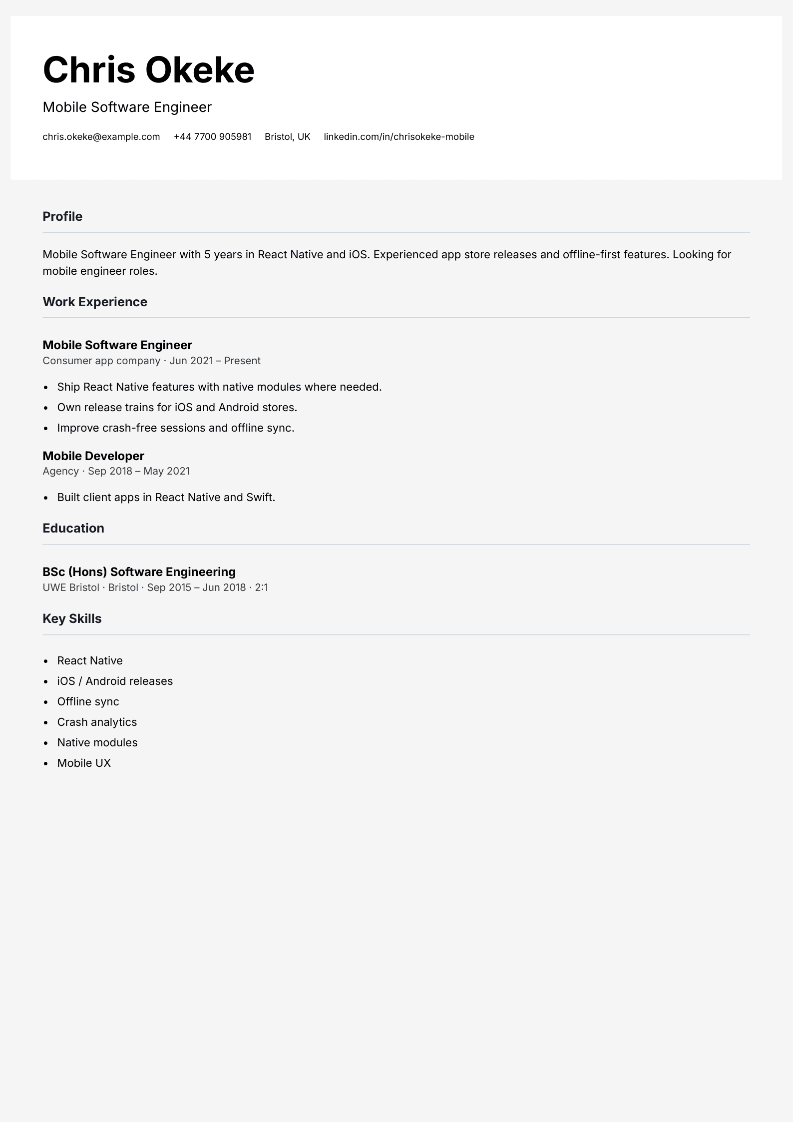mobile software engineer cv template