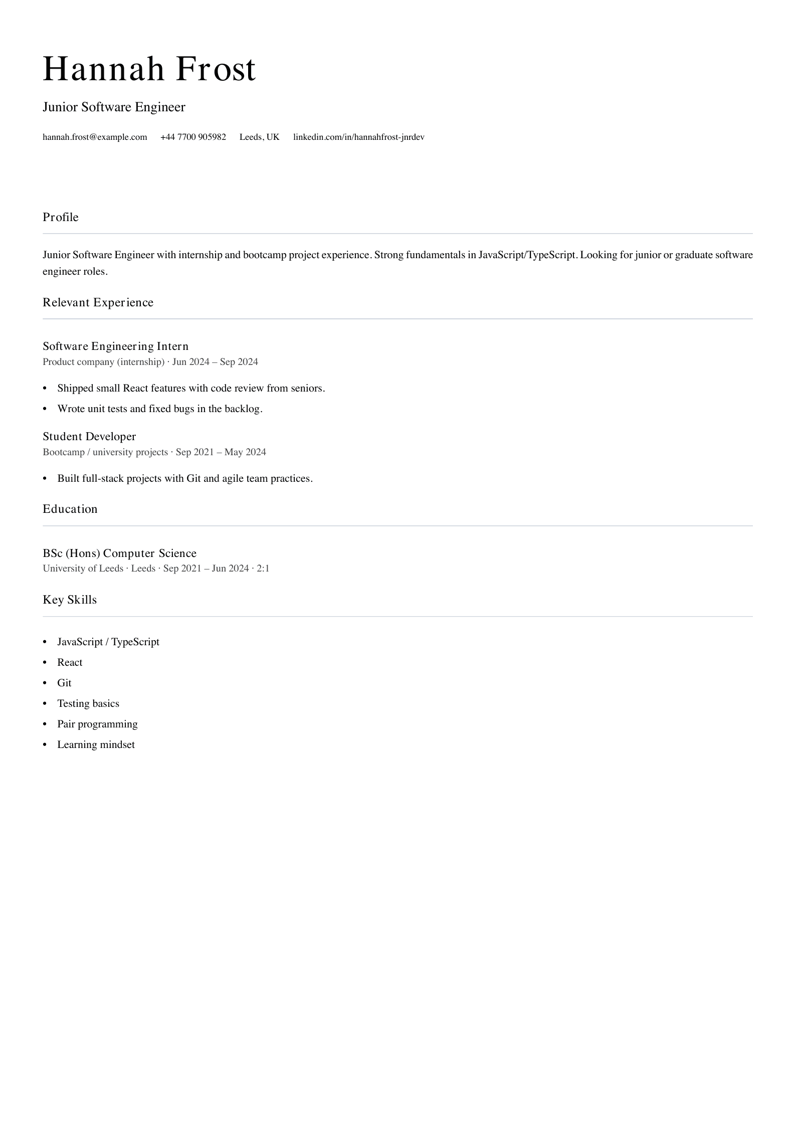 junior software engineer cv template
