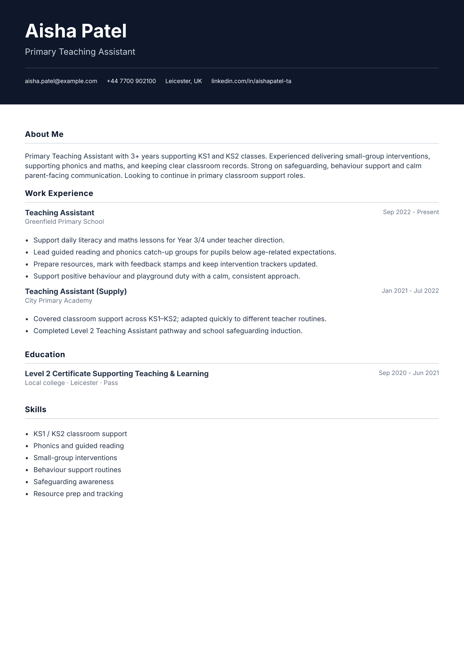 Primary teaching assistant CV template