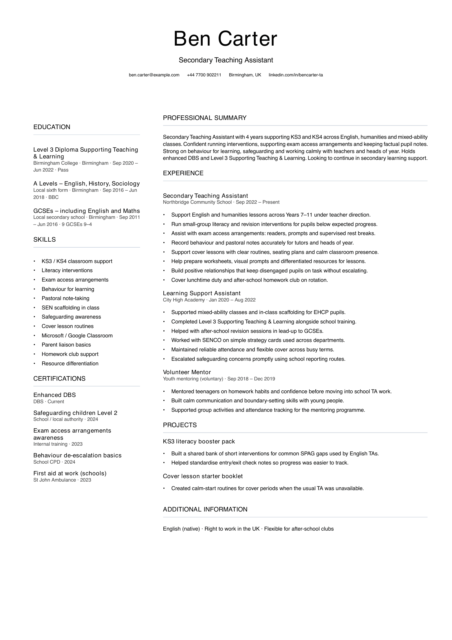 secondary teaching assistant cv template