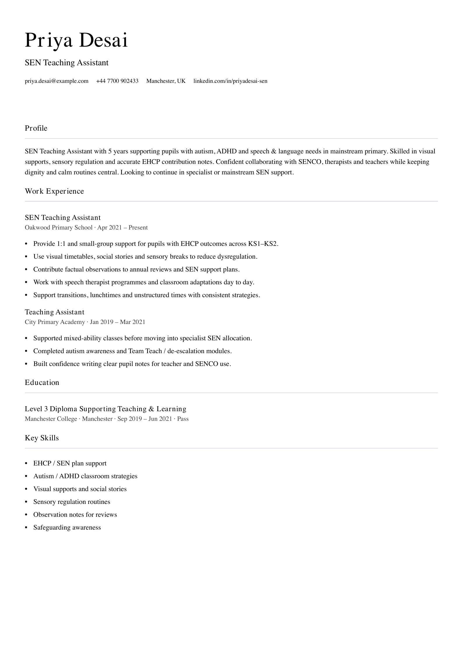 SEN teaching assistant CV template