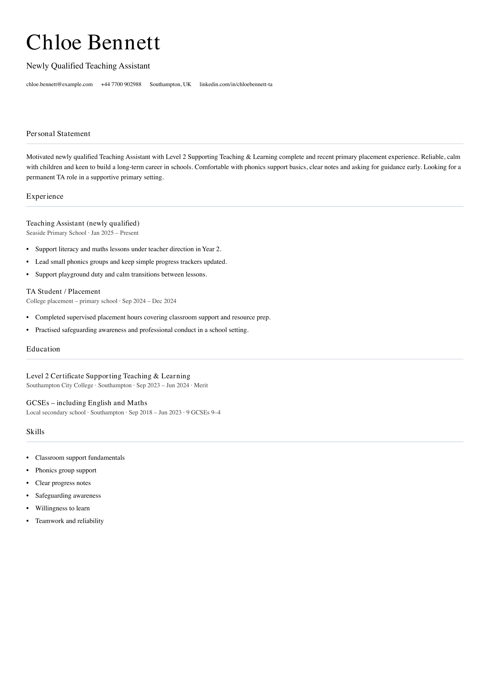 newly qualified teaching assistant cv template