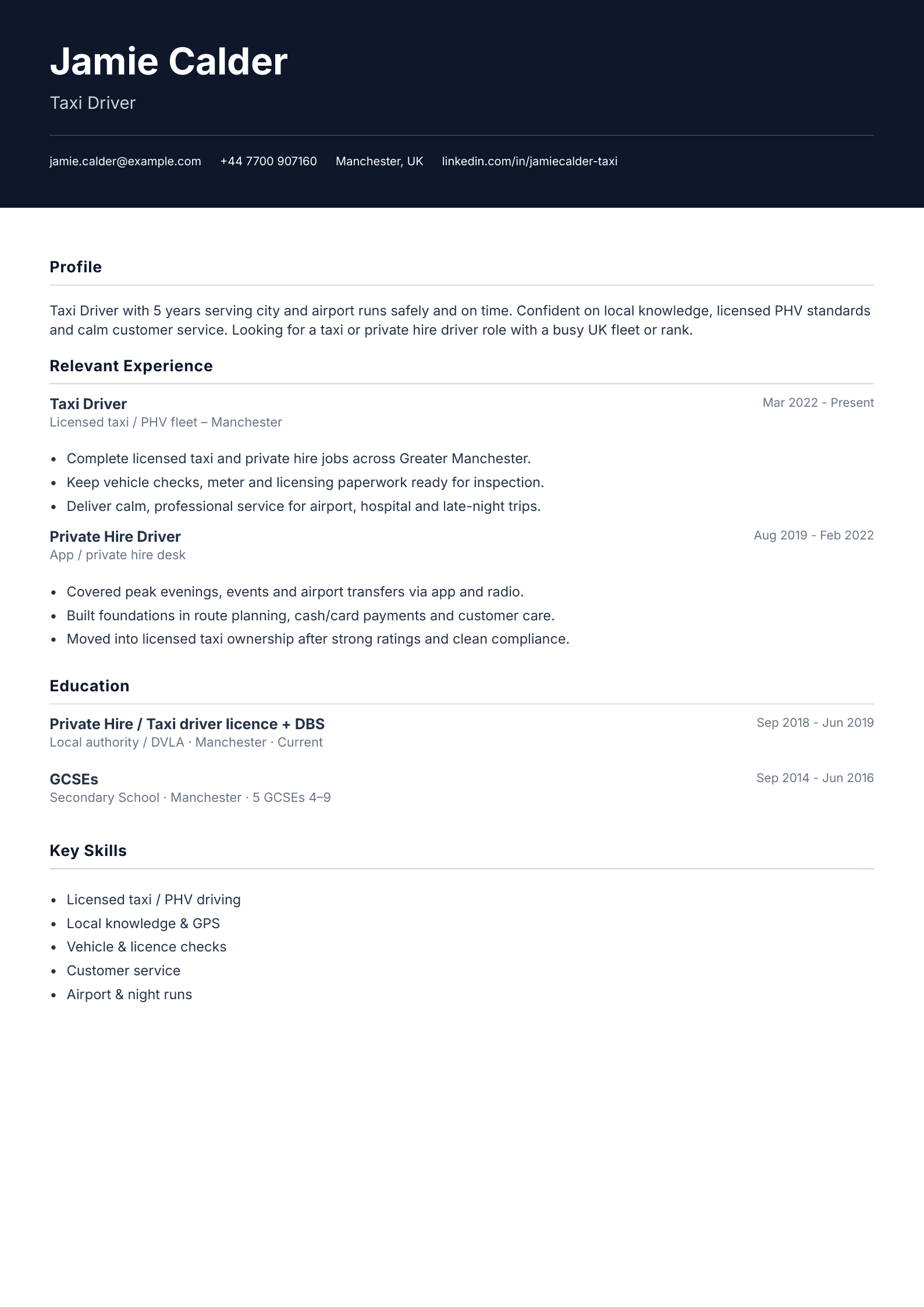Taxi driver CV template