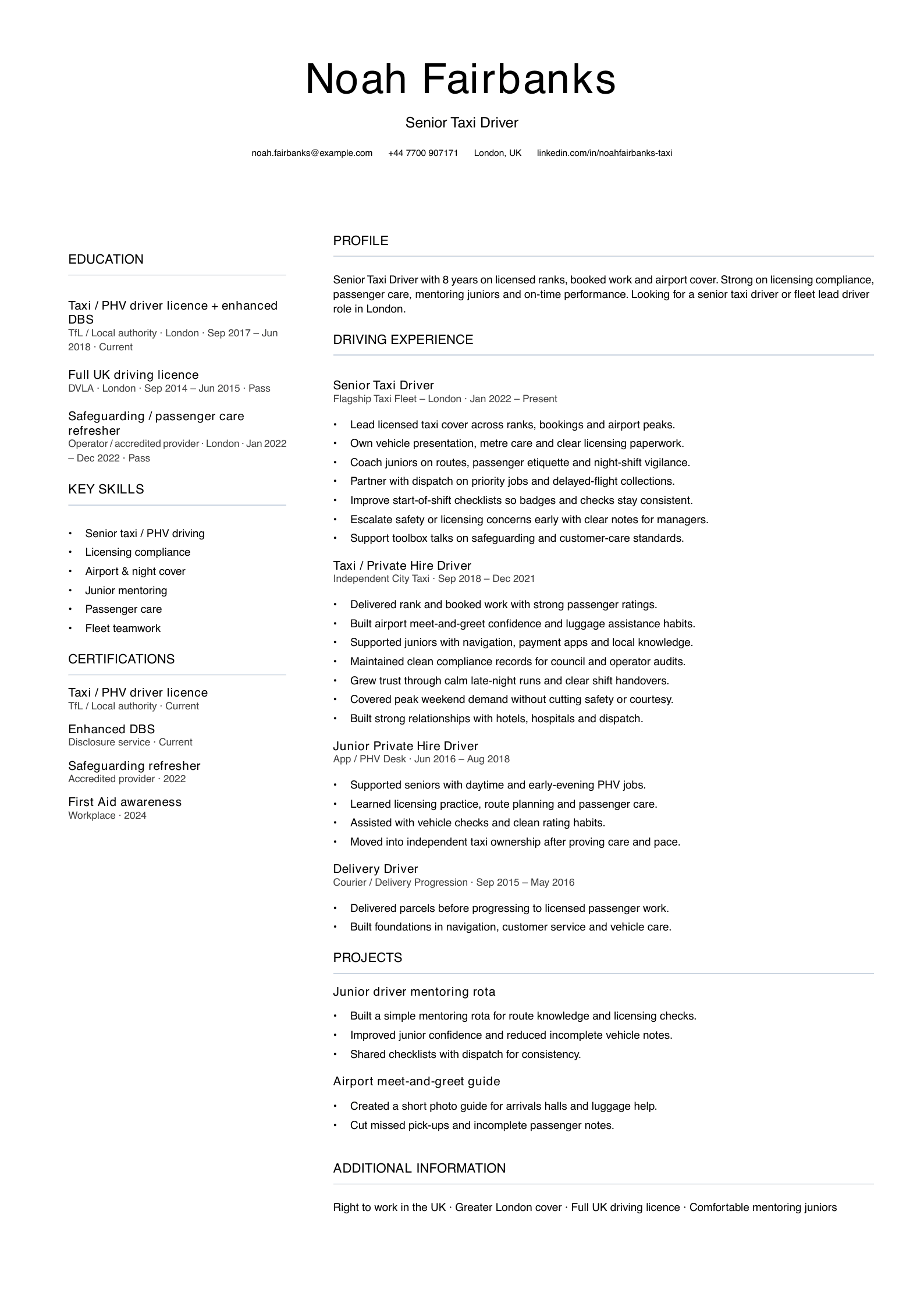 senior taxi driver CV template