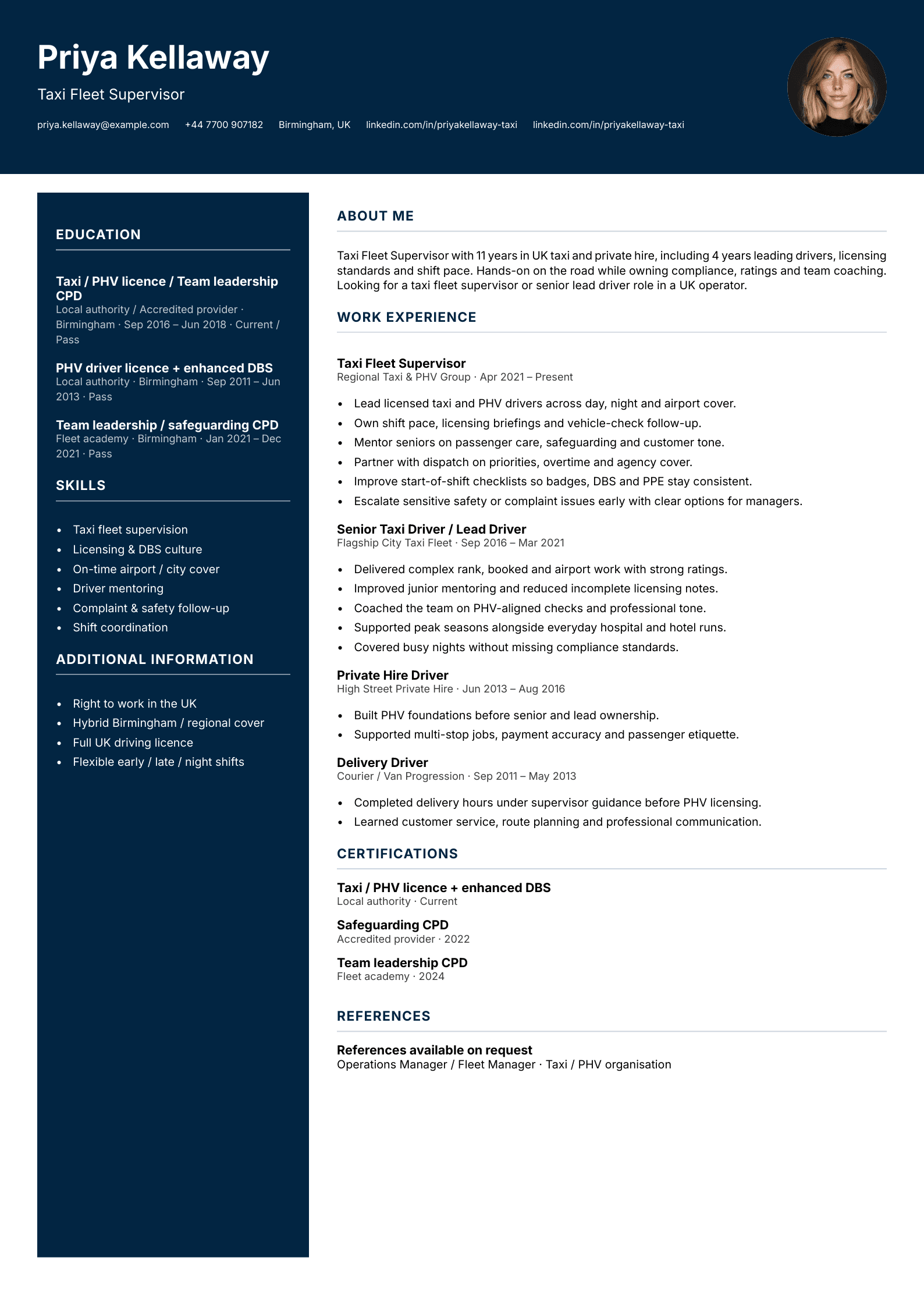 Taxi fleet supervisor CV template