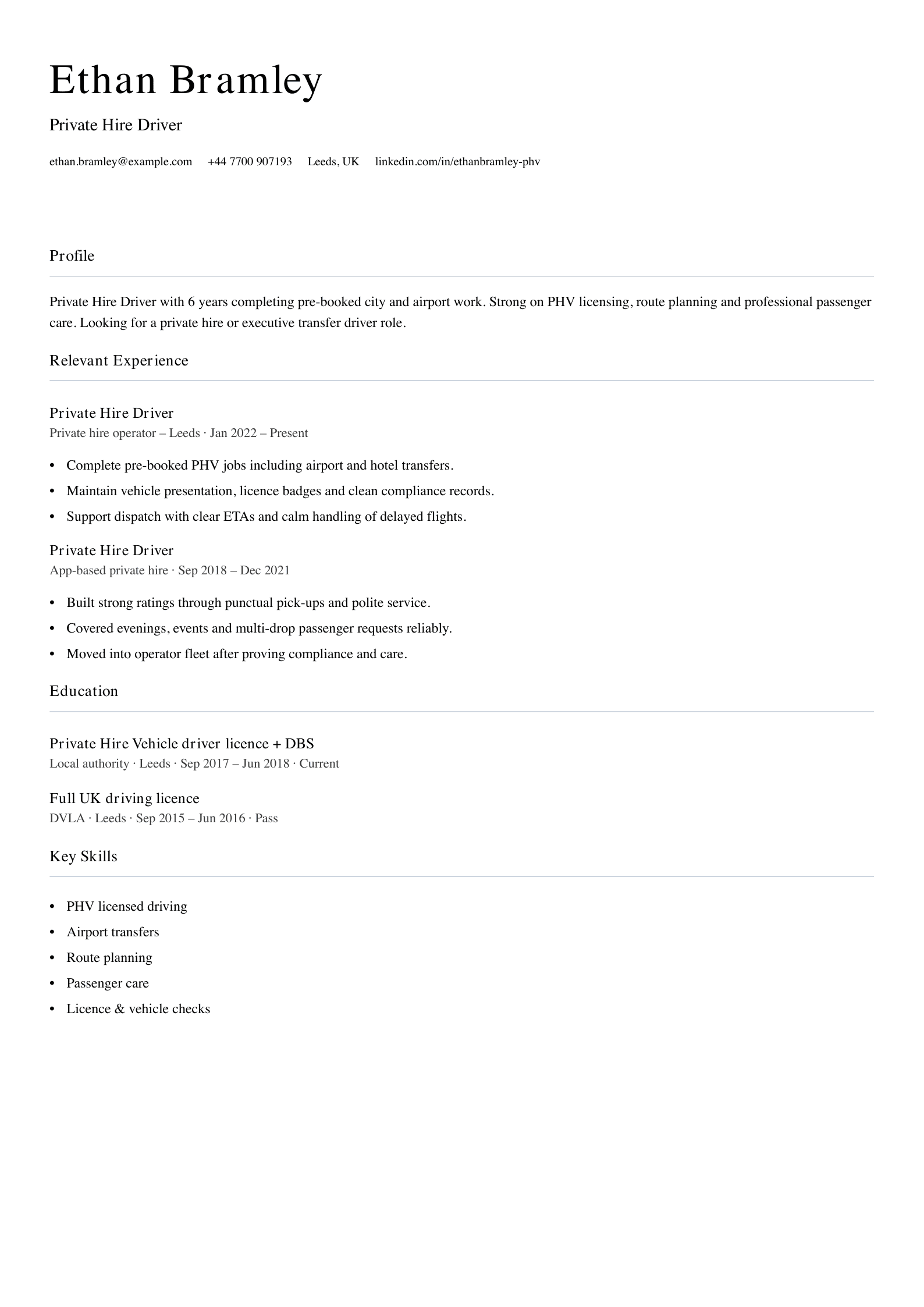 Private hire driver CV template