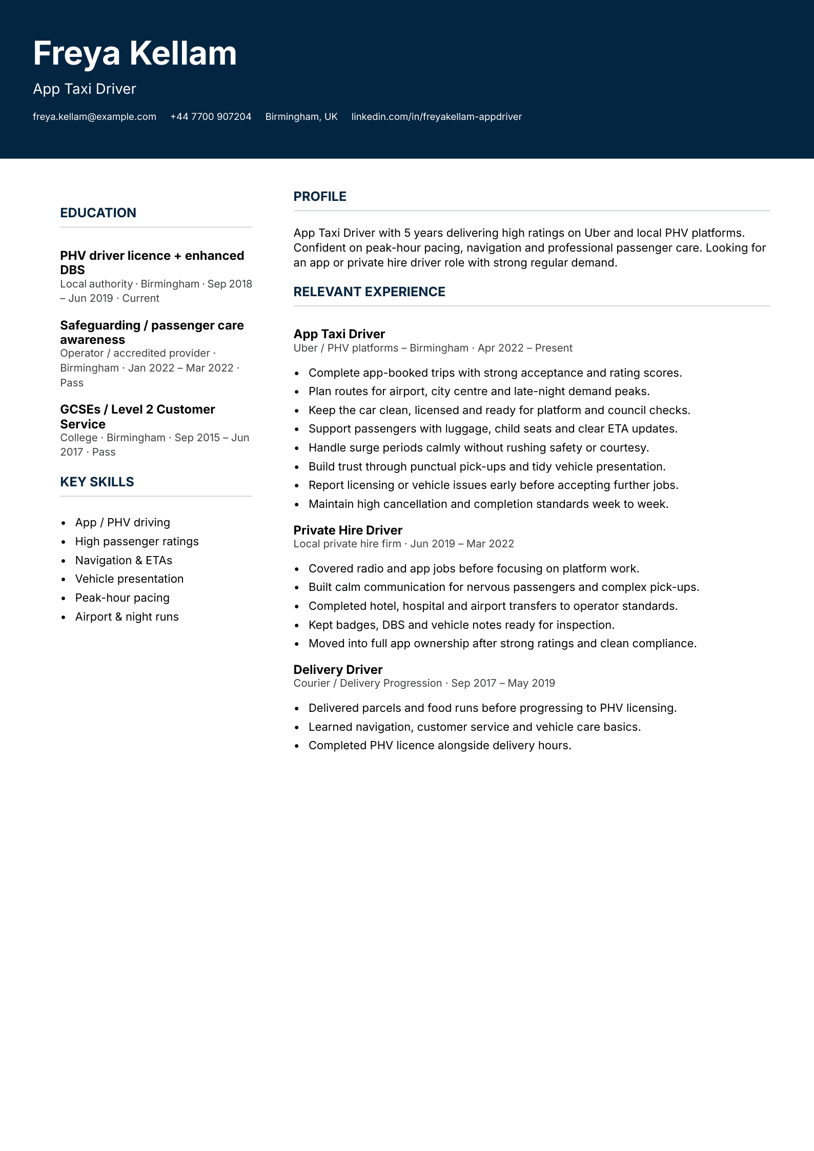 app taxi driver CV template