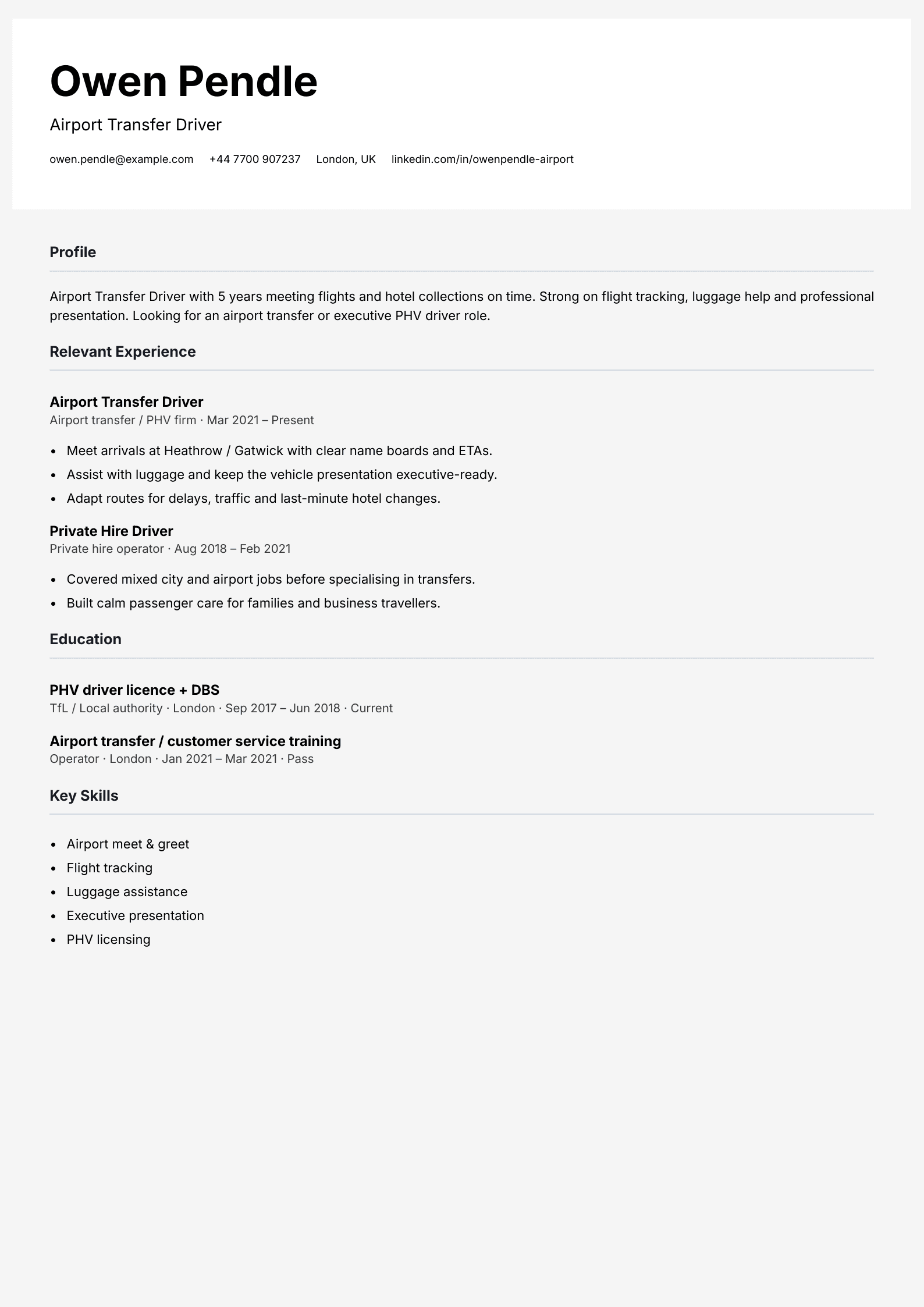 airport transfer driver CV template