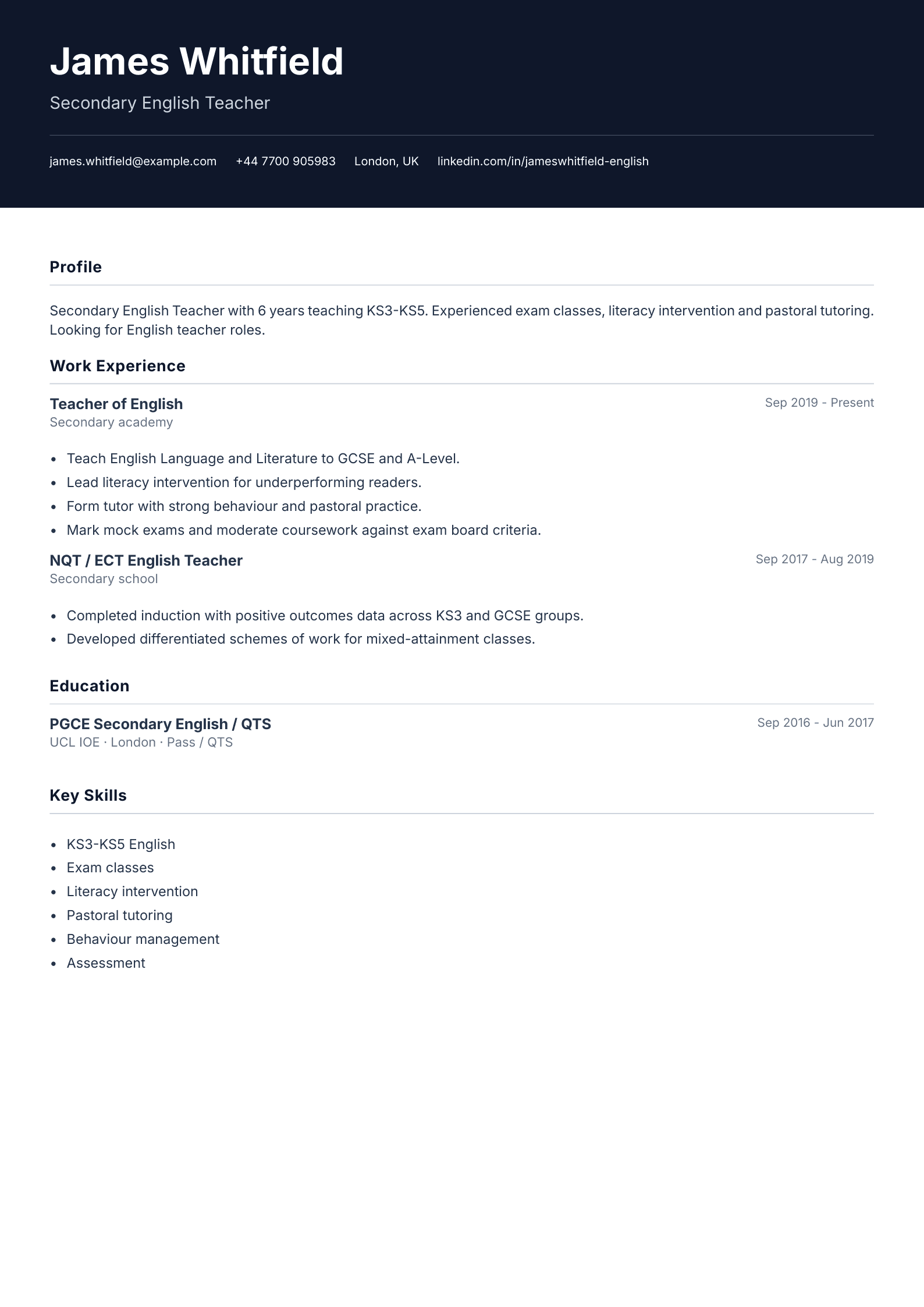 secondary english teacher cv template